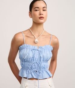 Blusa de Alça em Tricoline com Amarrações e Franzidos