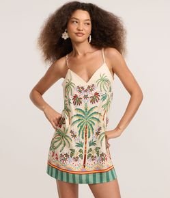 Vestido Curto  de Alça em Viscolinho com Estampa Coqueiros