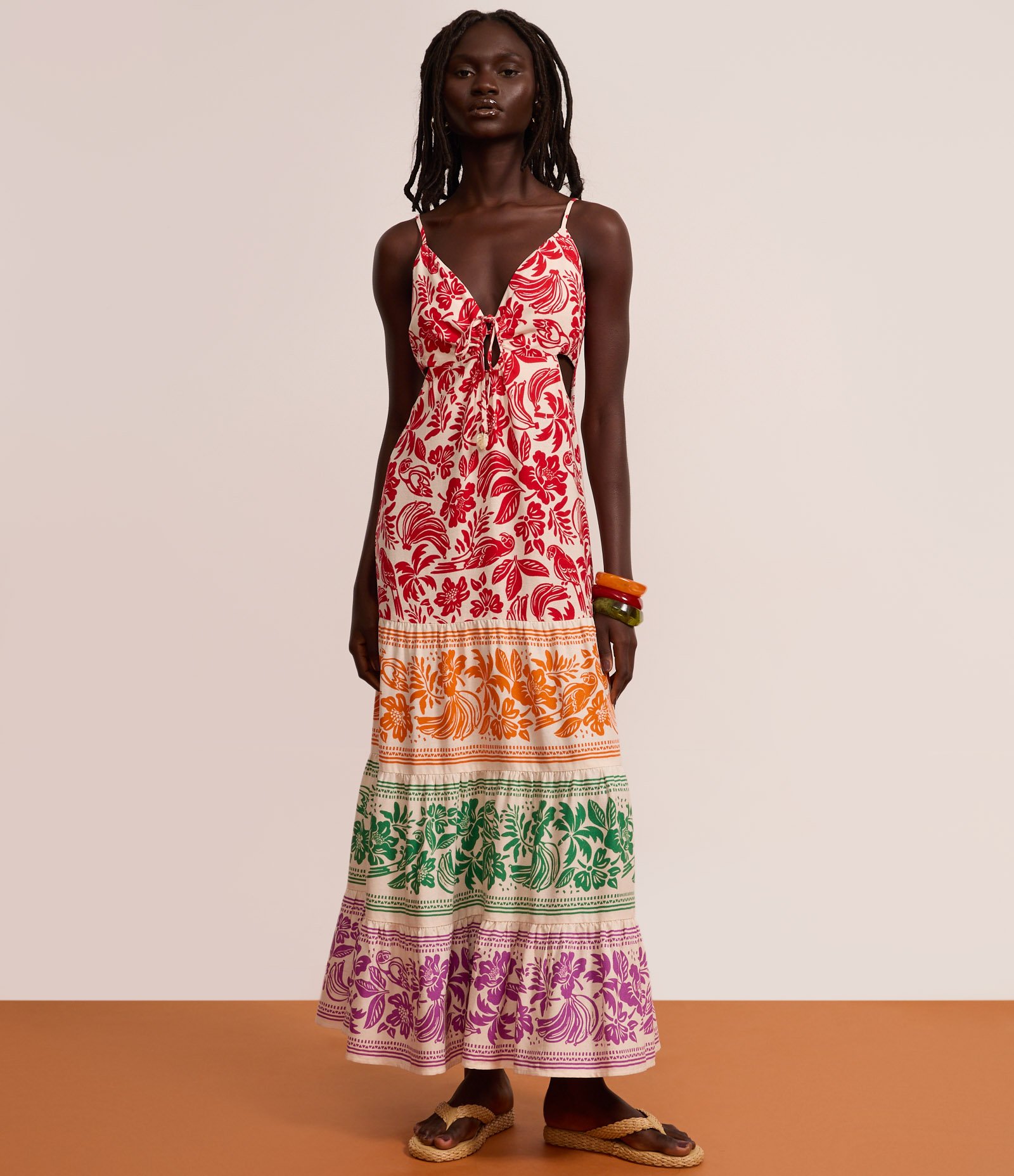 Vestido New Midi com Recortes e Estampa Tropical em Bloco de Cores Multicores 5