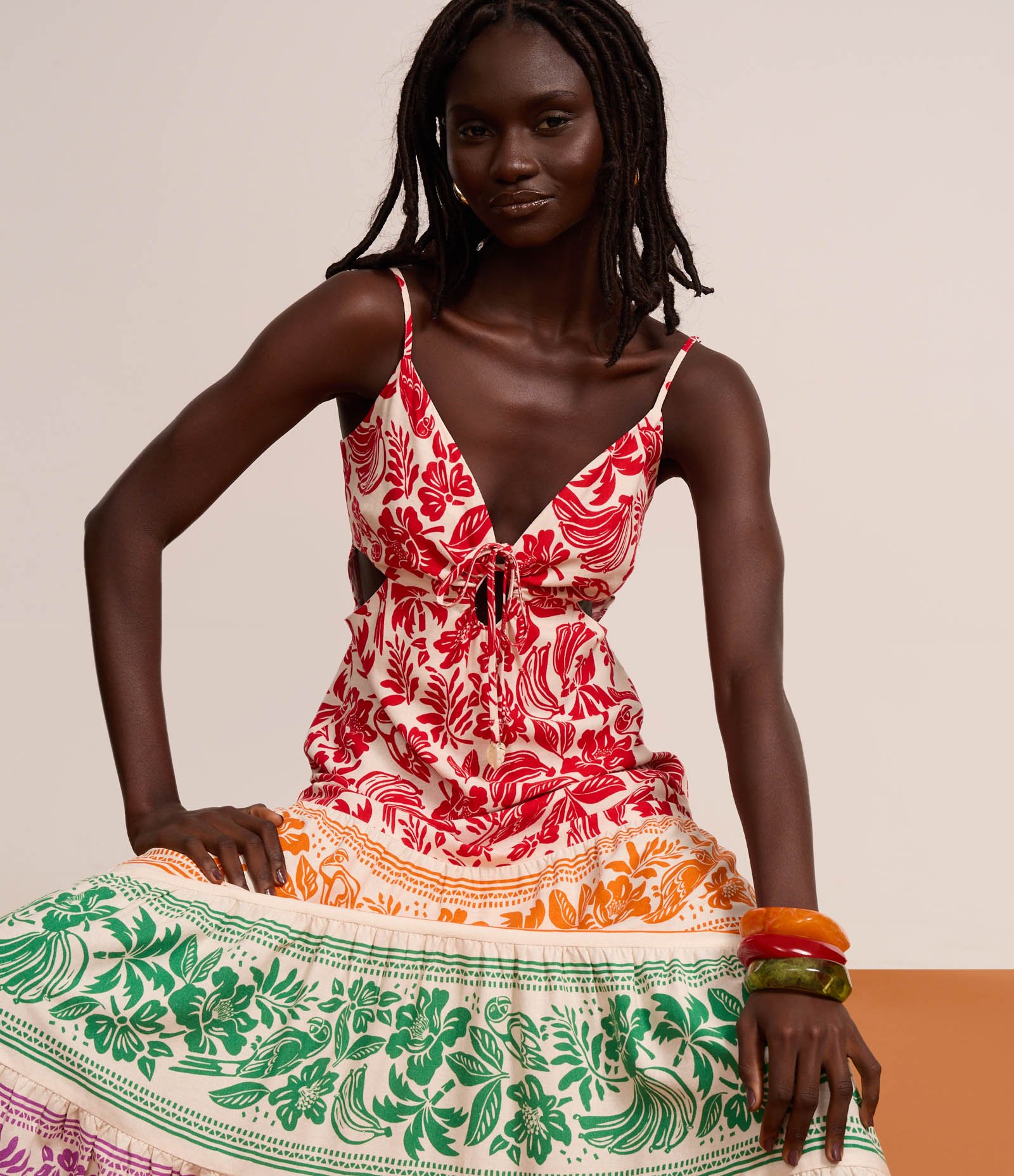 Vestido New Midi com Recortes e Estampa Tropical em Bloco de Cores Multicores 6