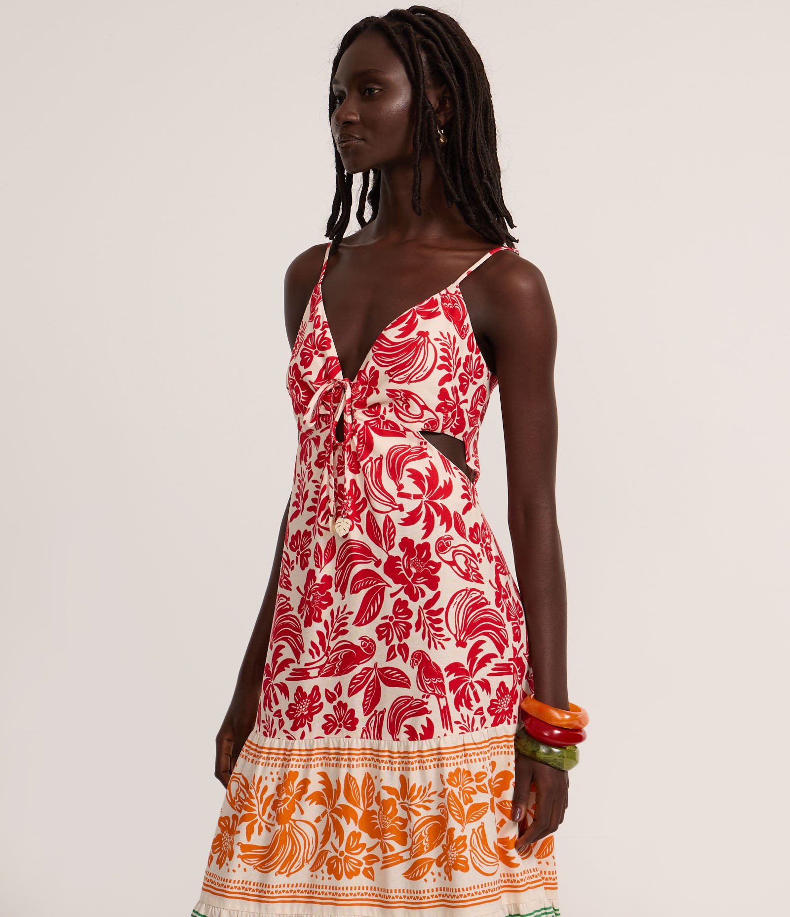Vestido New Midi com Recortes e Estampa Tropical em Bloco de Cores Multicores 2