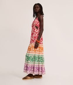 Vestido New Midi com Recortes e Estampa Tropical em Bloco de Cores