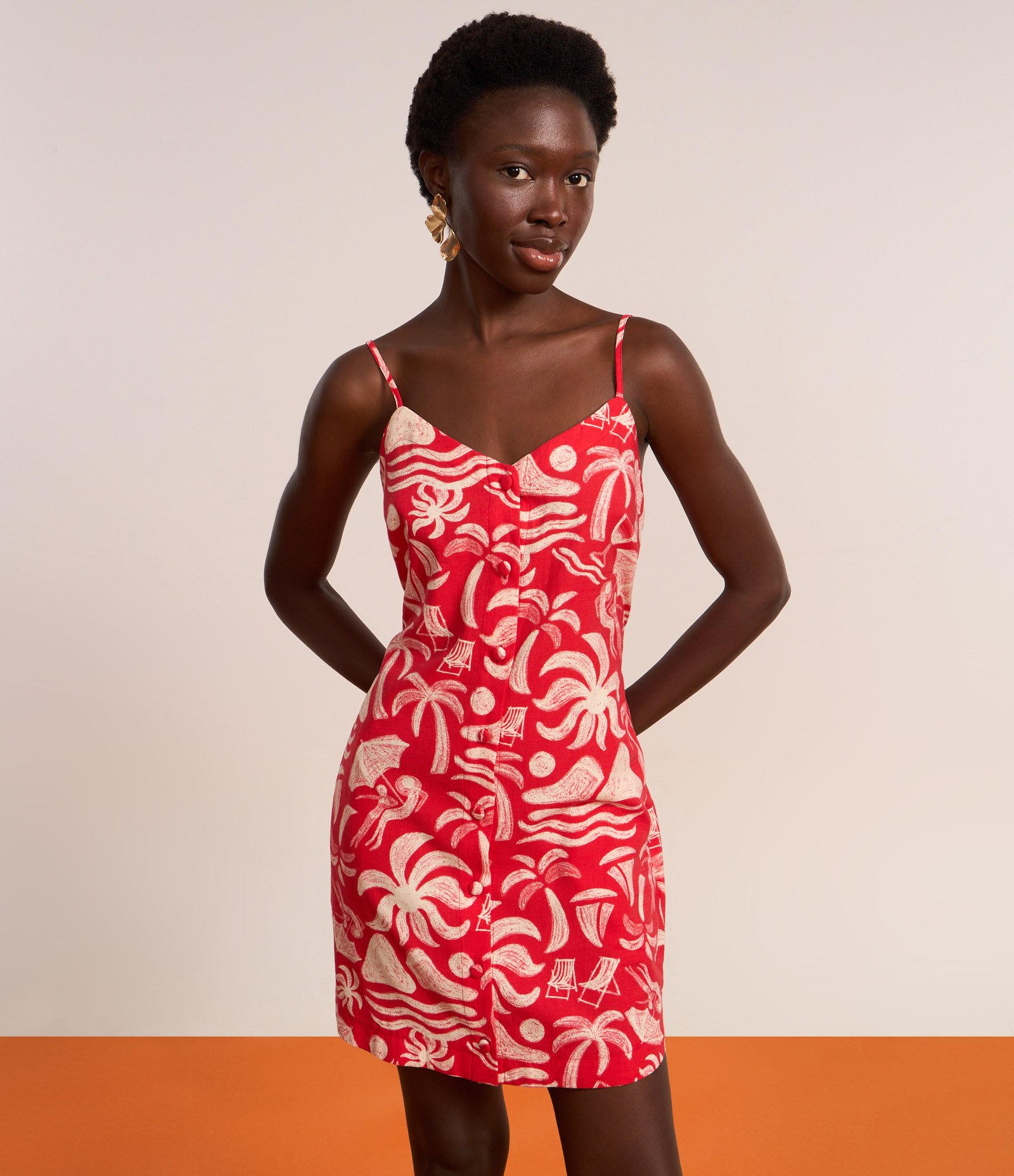 Vestido Curto em Algodão com Estampa Tropical Vermelho 5