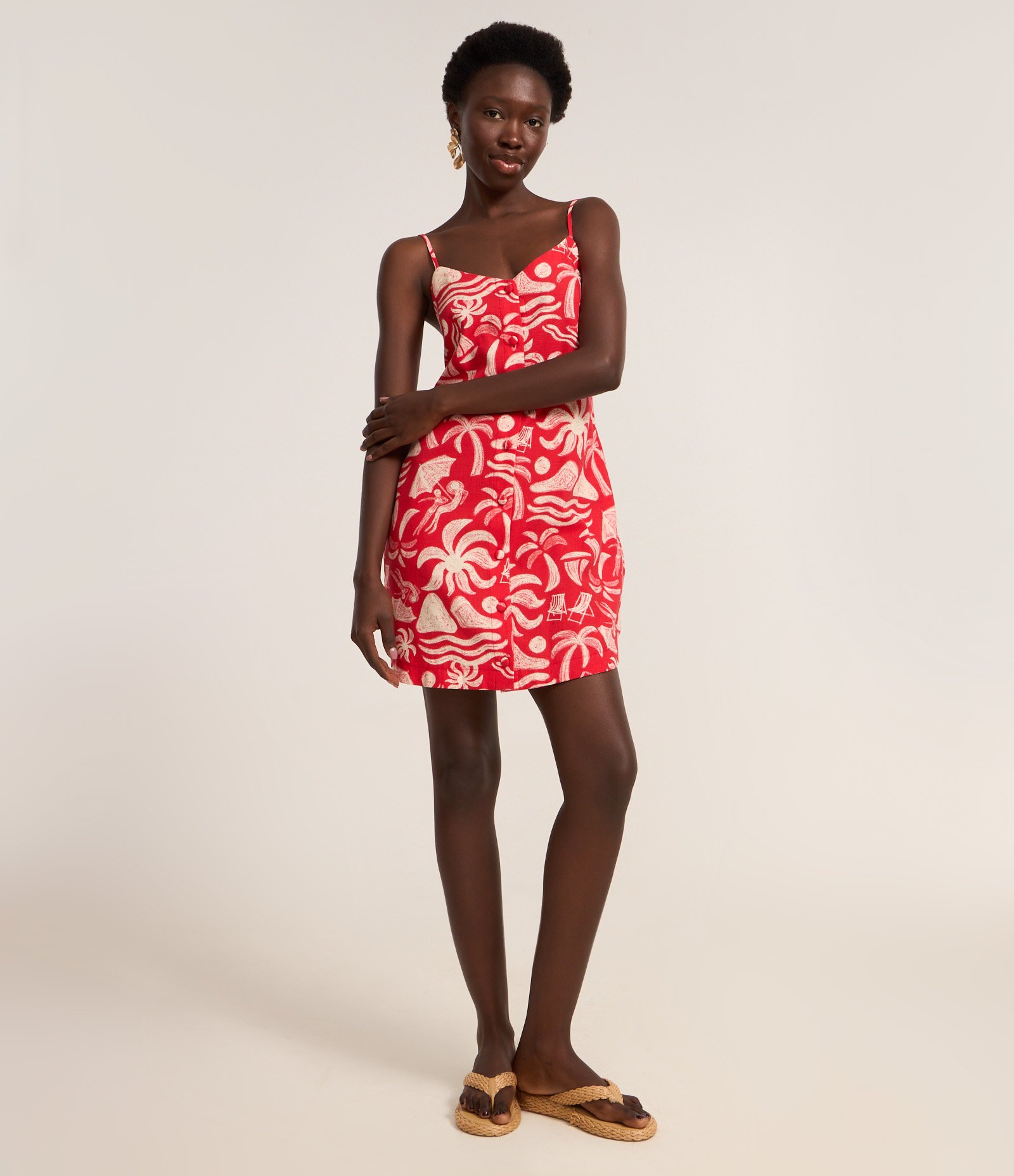 Vestido Curto em Algodão com Estampa Tropical Vermelho 2