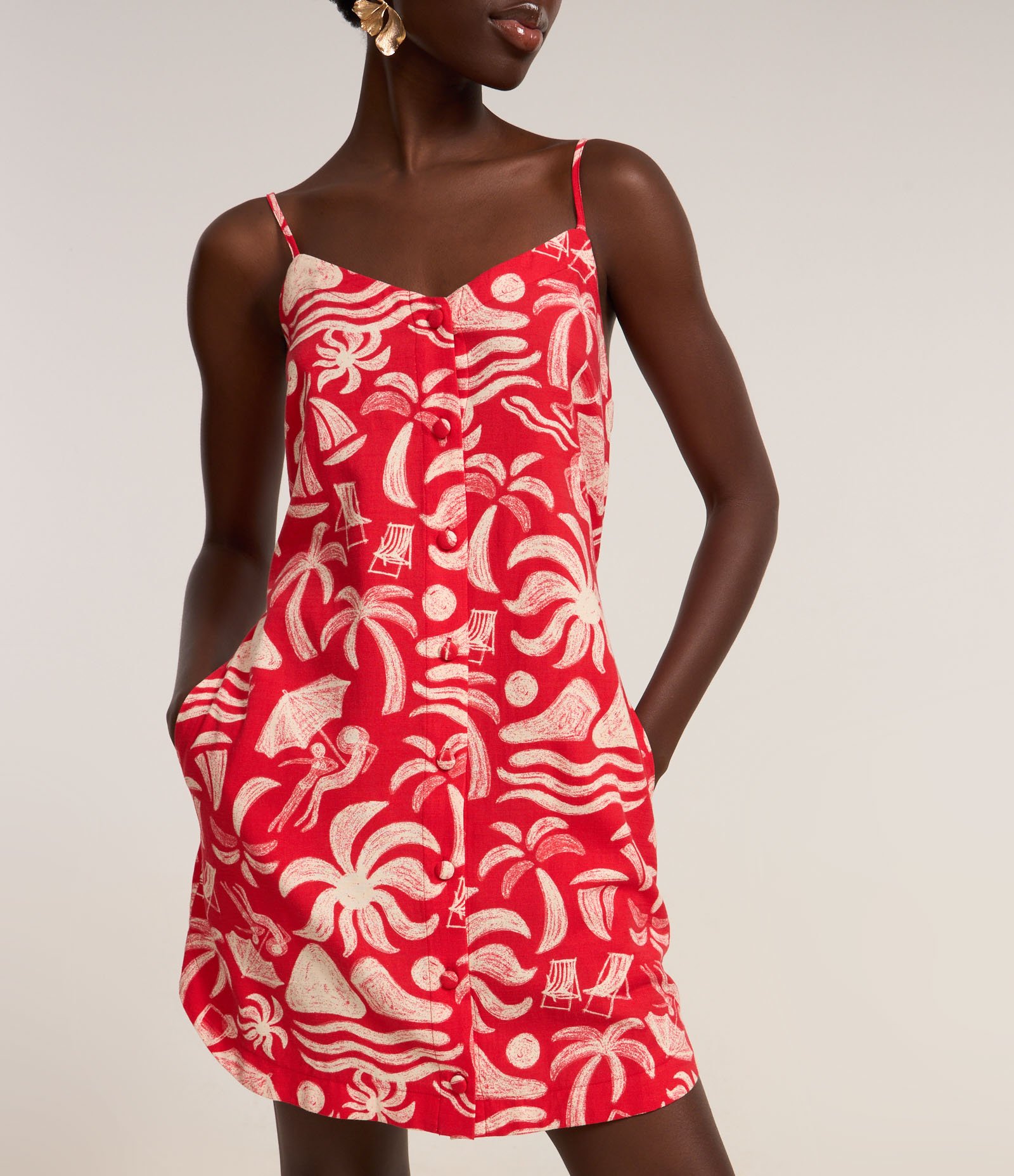 Vestido Curto em Algodão com Estampa Tropical Vermelho 3