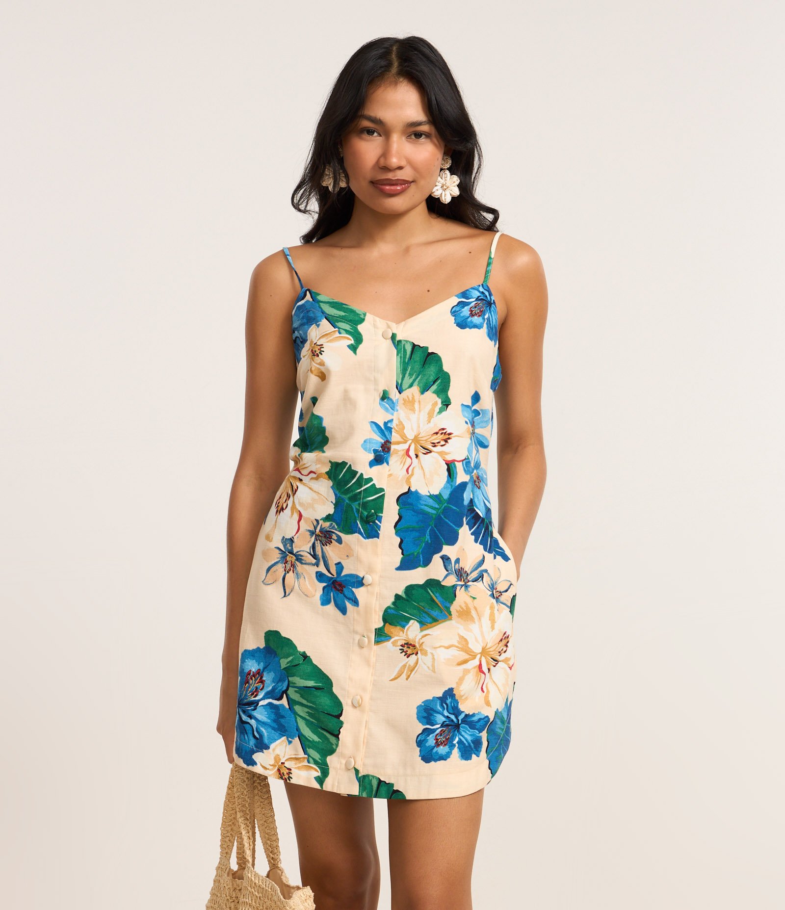 Vestido Curto em Algodão com Estampa Floral e Alcinhas Off White 1