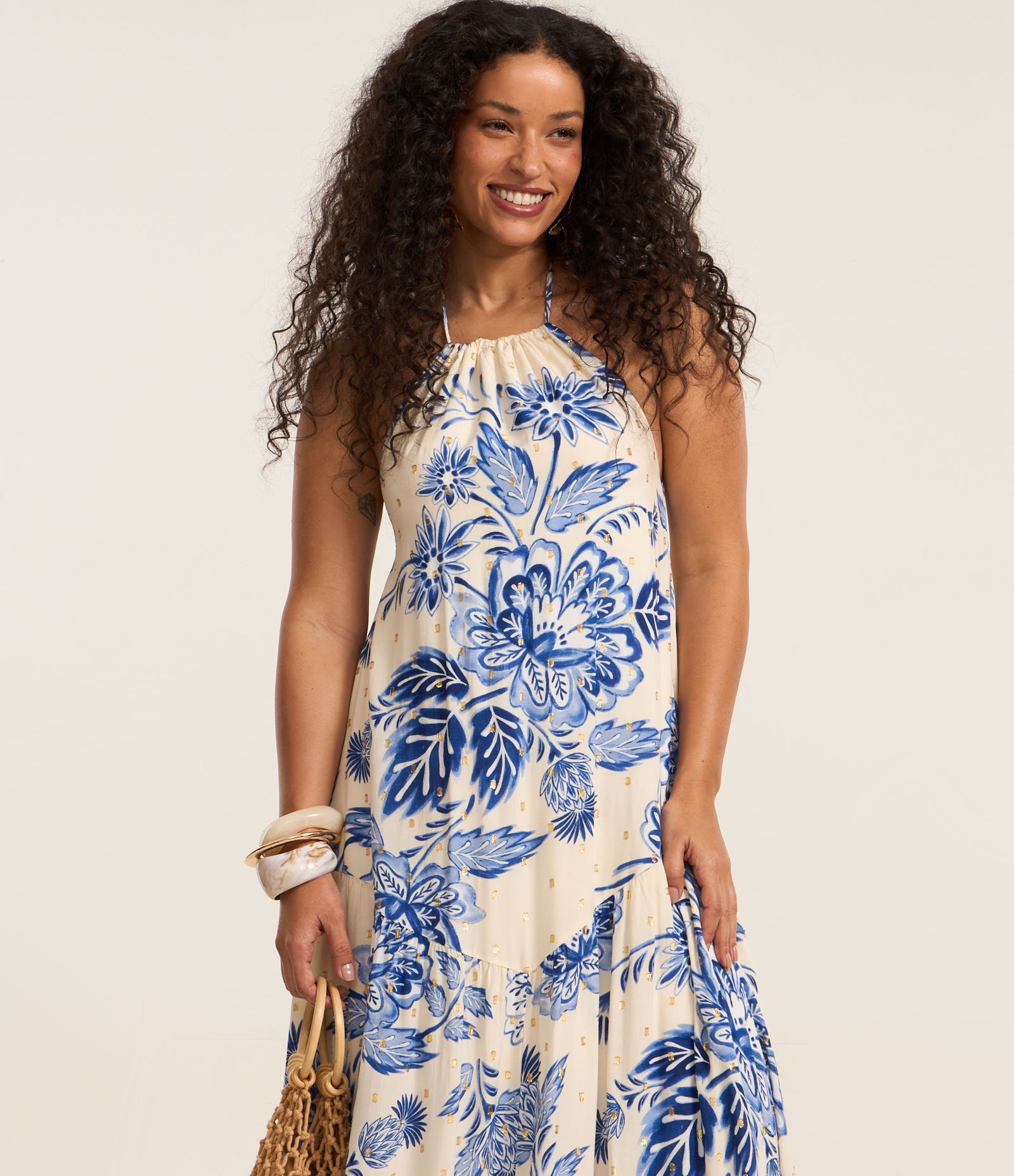 Vestido Long Midi com Gola Halter e Estampa Floral Azul 2