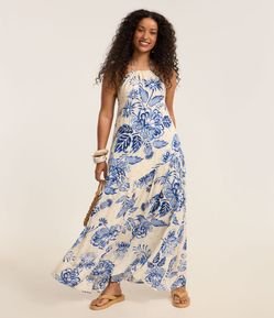 Vestido Long Midi com Gola Halter e Estampa Floral