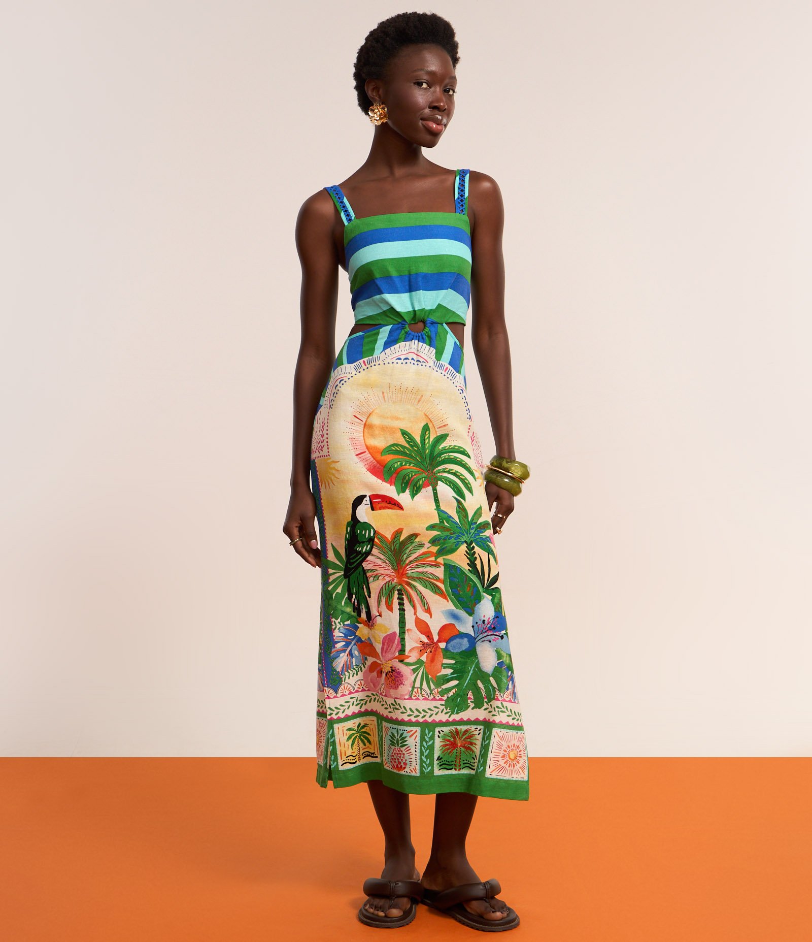 Vestido New Midi em Viscolinho com Estampa Tropical Verde/Azul 5