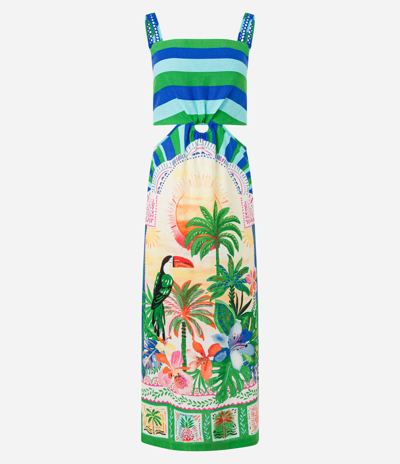 Vestido New Midi em Viscolinho com Estampa Tropical Verde/Azul 6