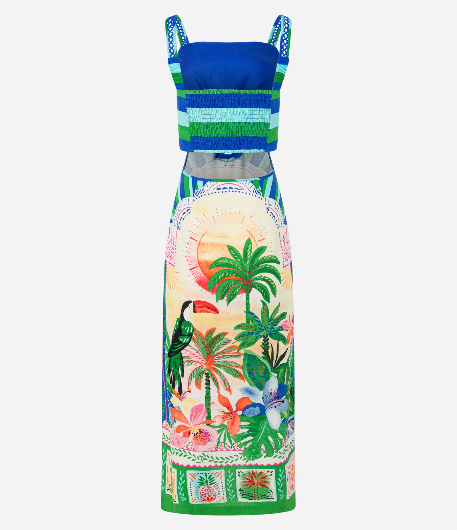 Vestido New Midi em Viscolinho com Estampa Tropical Verde/Azul 8