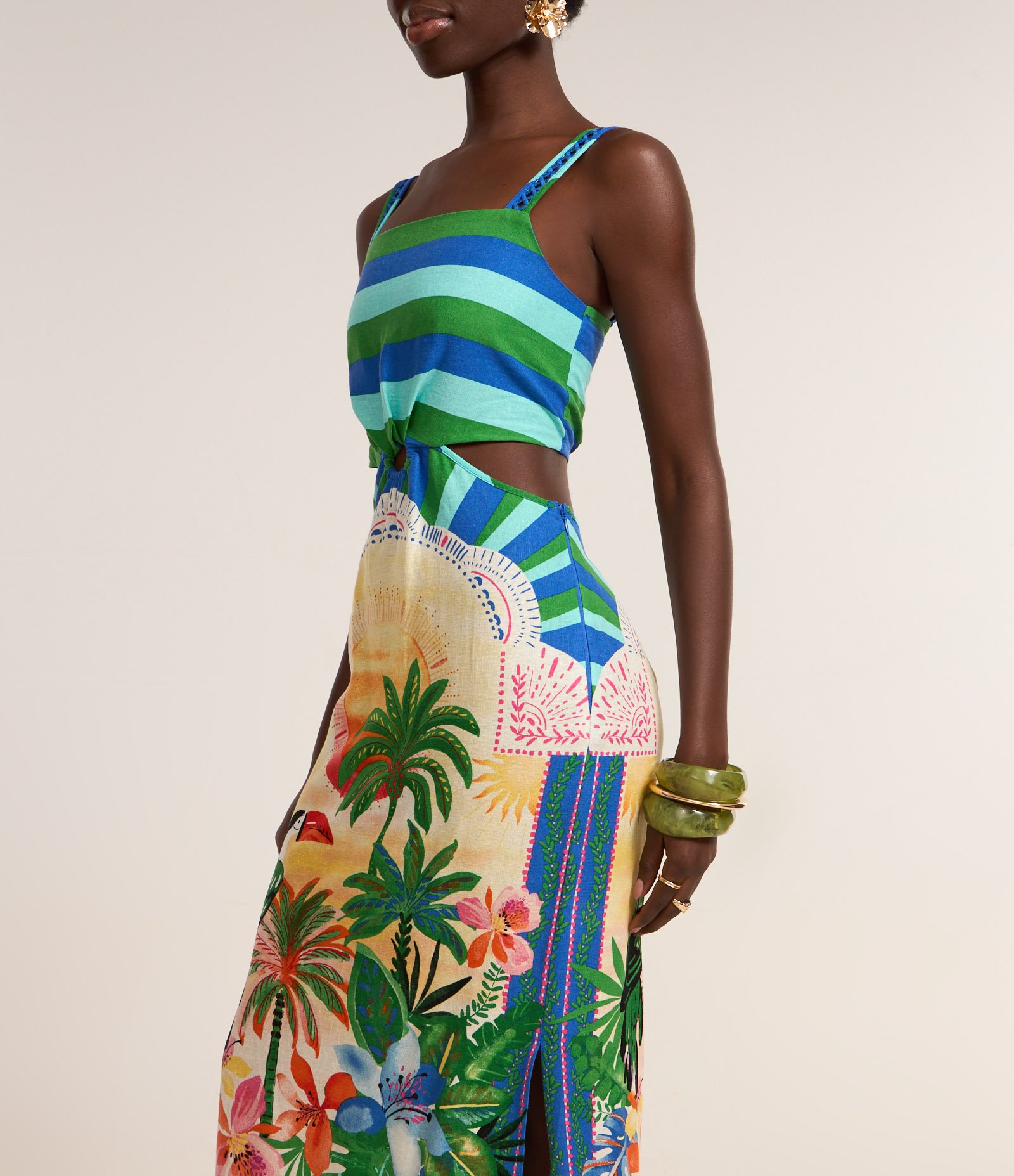 Vestido New Midi em Viscolinho com Estampa Tropical Verde/Azul 3