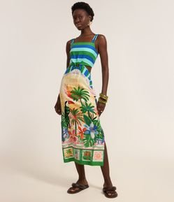 Vestido New Midi em Viscolinho com Estampa Tropical