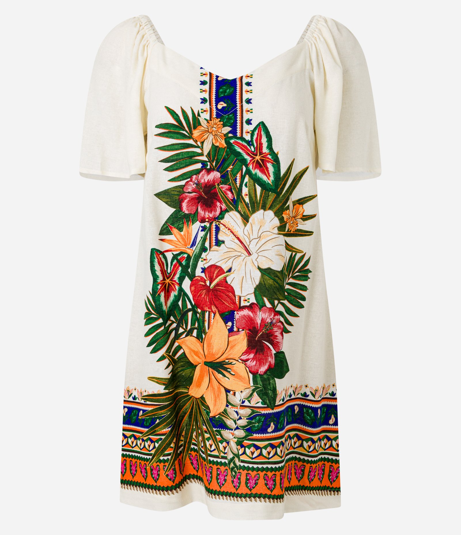 Vestido Evasê Curto em Viscolinho com Estampa Floral Bege 6