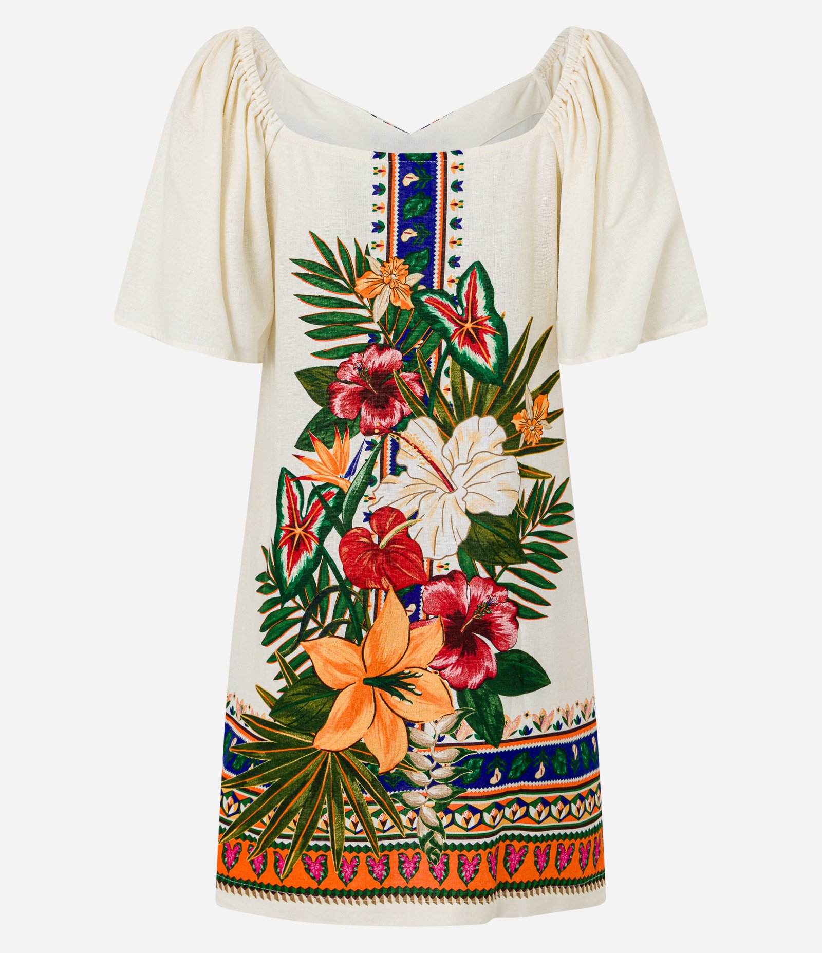 Vestido Evasê Curto em Viscolinho com Estampa Floral Bege 8