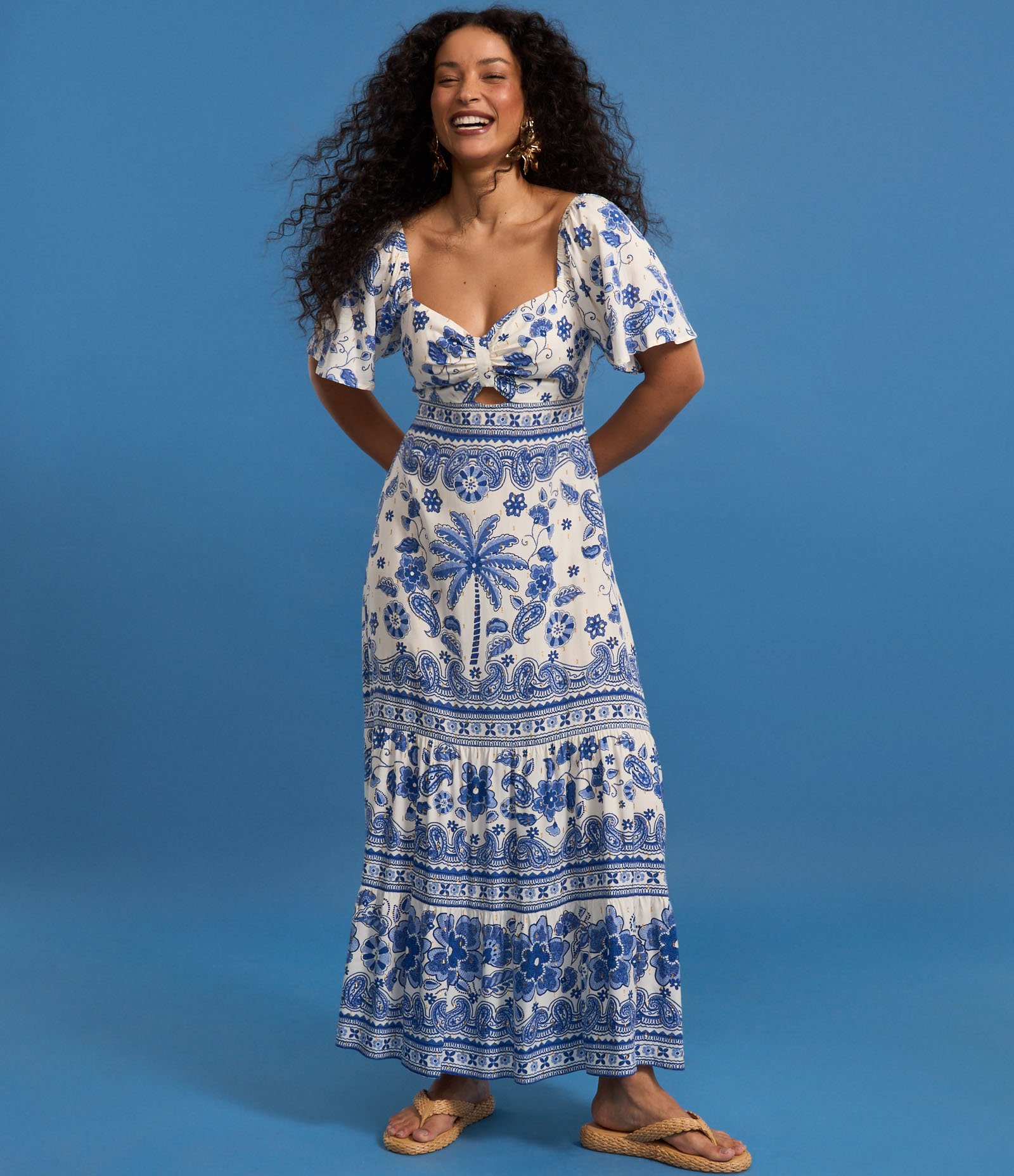 Vestido New Midi em Viscose com Estampa Azulejo e Babados Off White/Azul 6