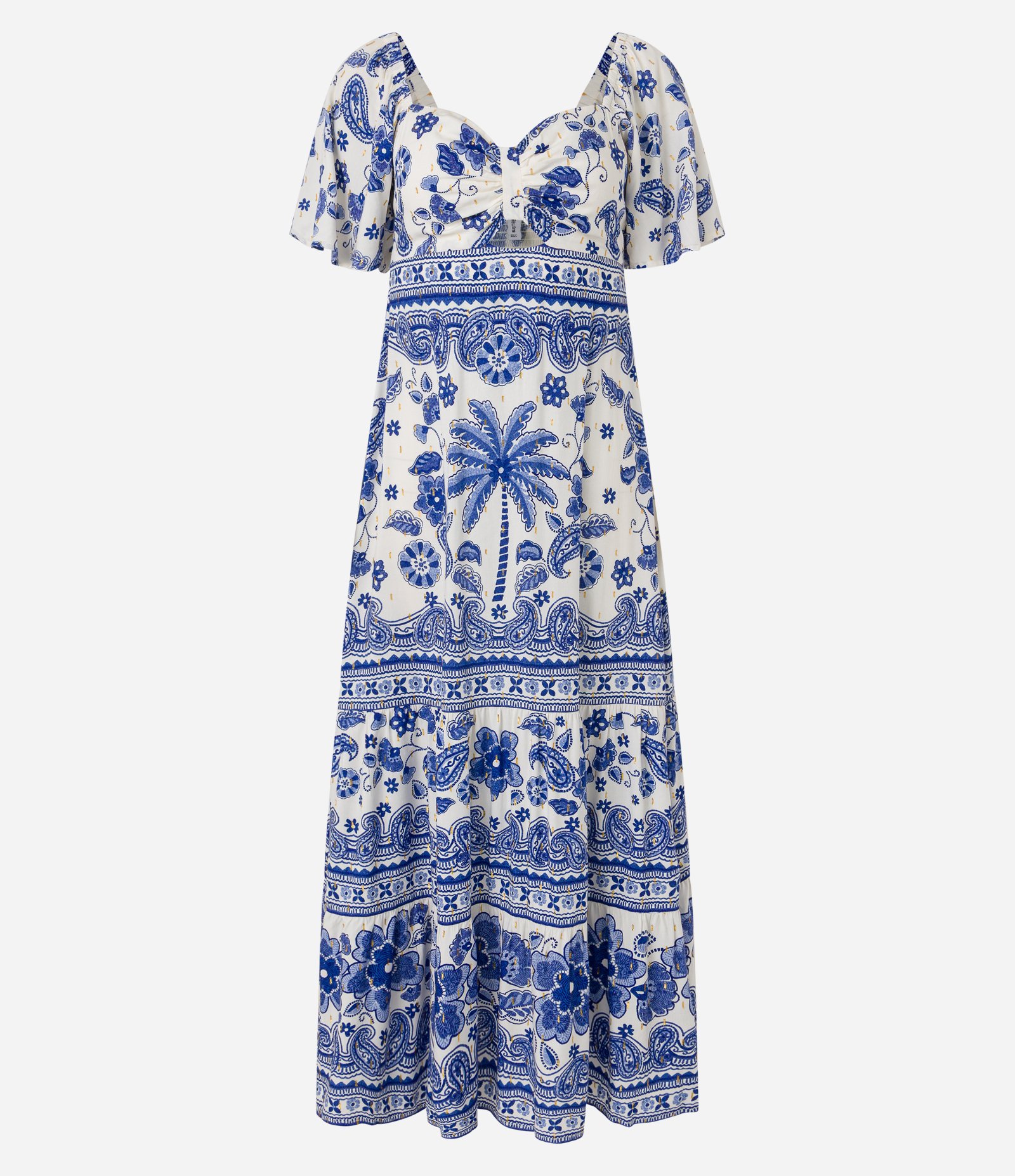 Vestido New Midi em Viscose com Estampa Azulejo e Babados Off White/Azul 8