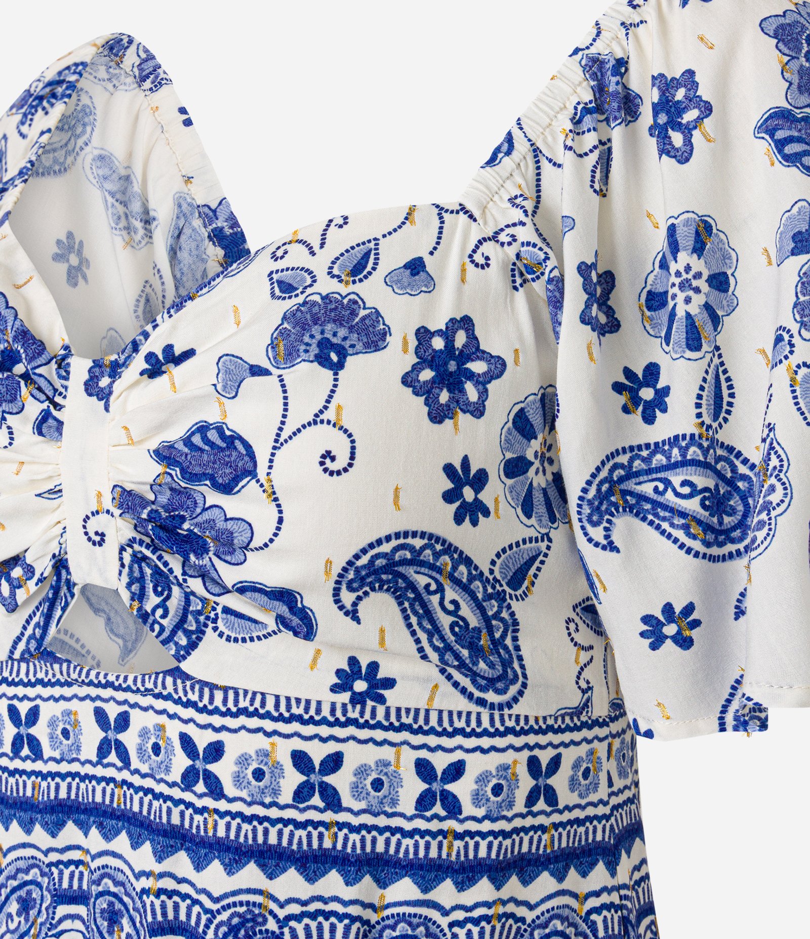 Vestido New Midi em Viscose com Estampa Azulejo e Babados Off White/Azul 9