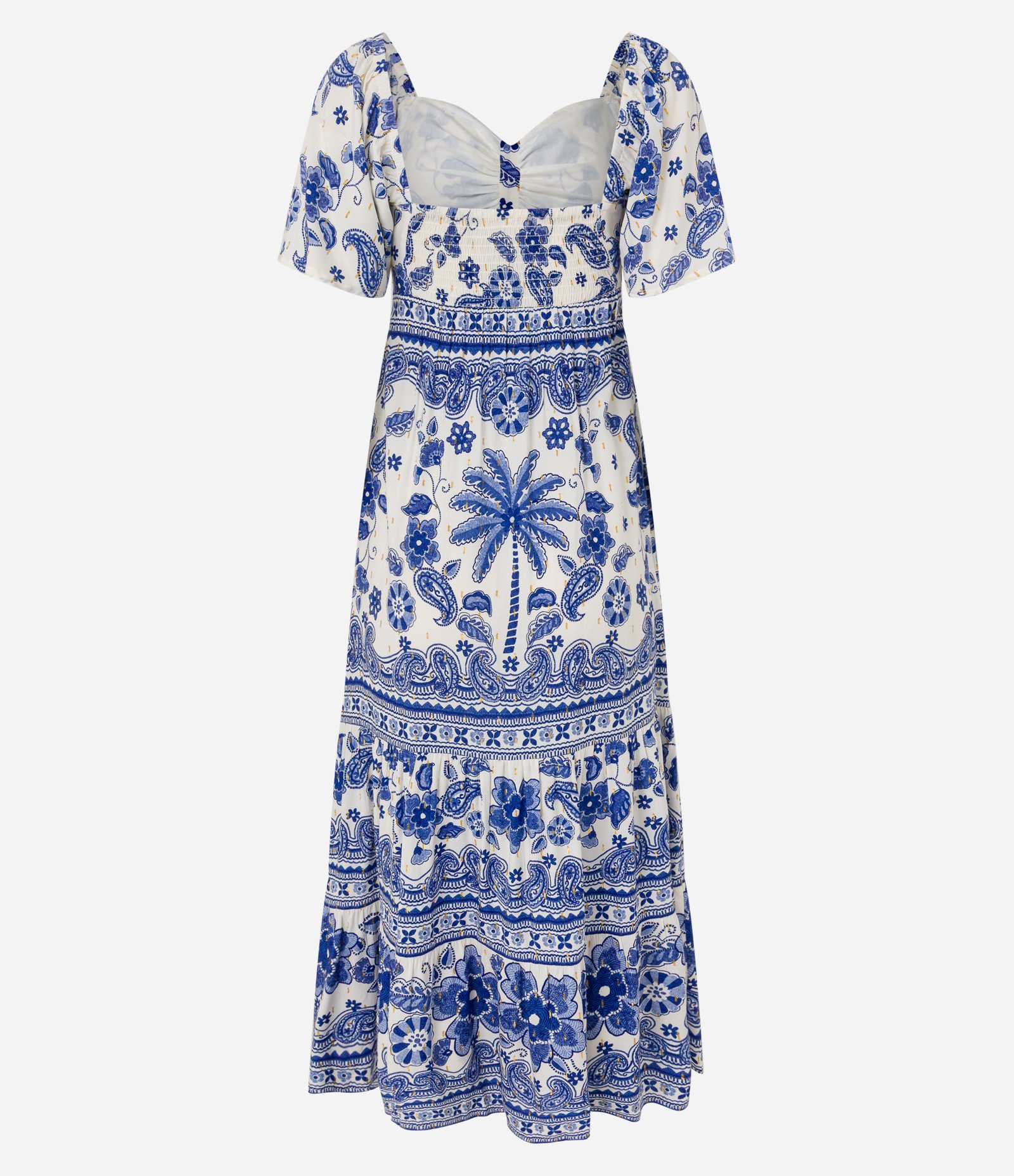 Vestido New Midi em Viscose com Estampa Azulejo e Babados Off White/Azul 10