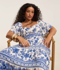 Vestido New Midi em Viscose com Estampa Azulejo e Babados