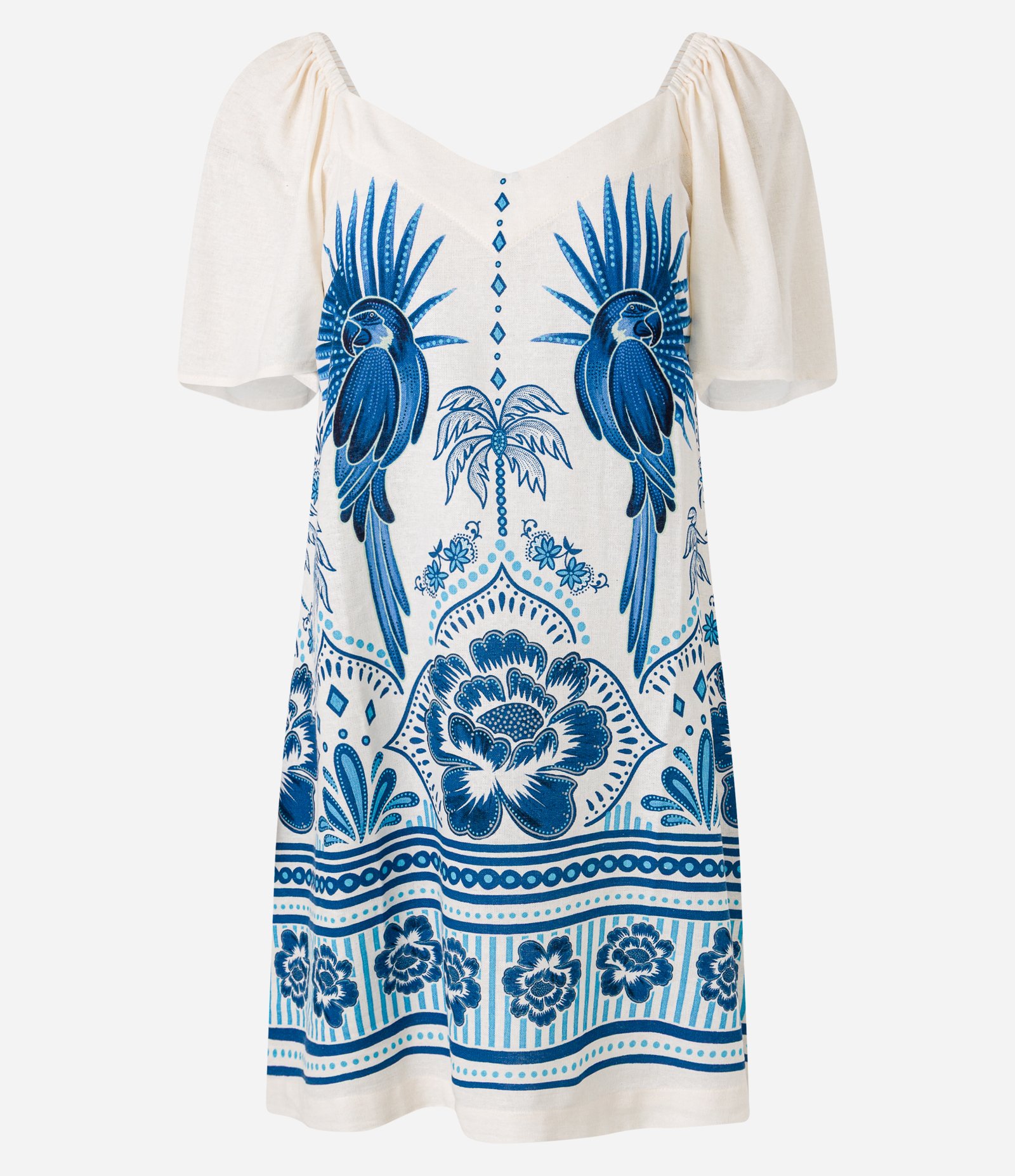 Vestido Evasê Curto em Viscolinho com Estampa de  Araras e Floral Bege/Azul 5