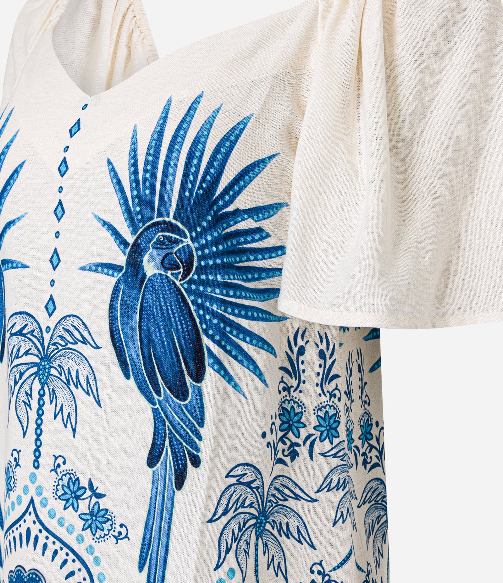 Vestido Evasê Curto em Viscolinho com Estampa de  Araras e Floral Bege/Azul 6