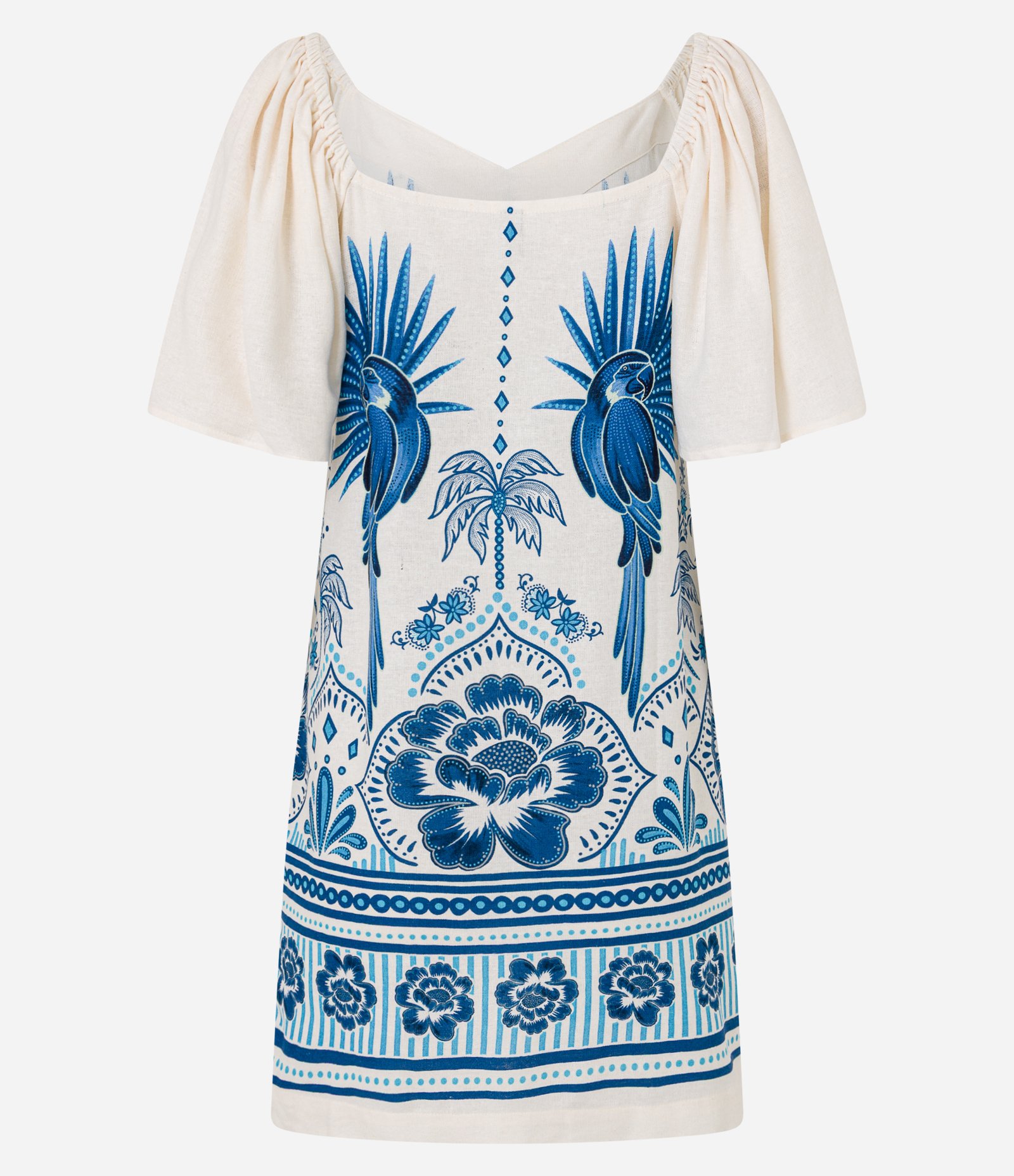 Vestido Evasê Curto em Viscolinho com Estampa de  Araras e Floral Bege/Azul 7