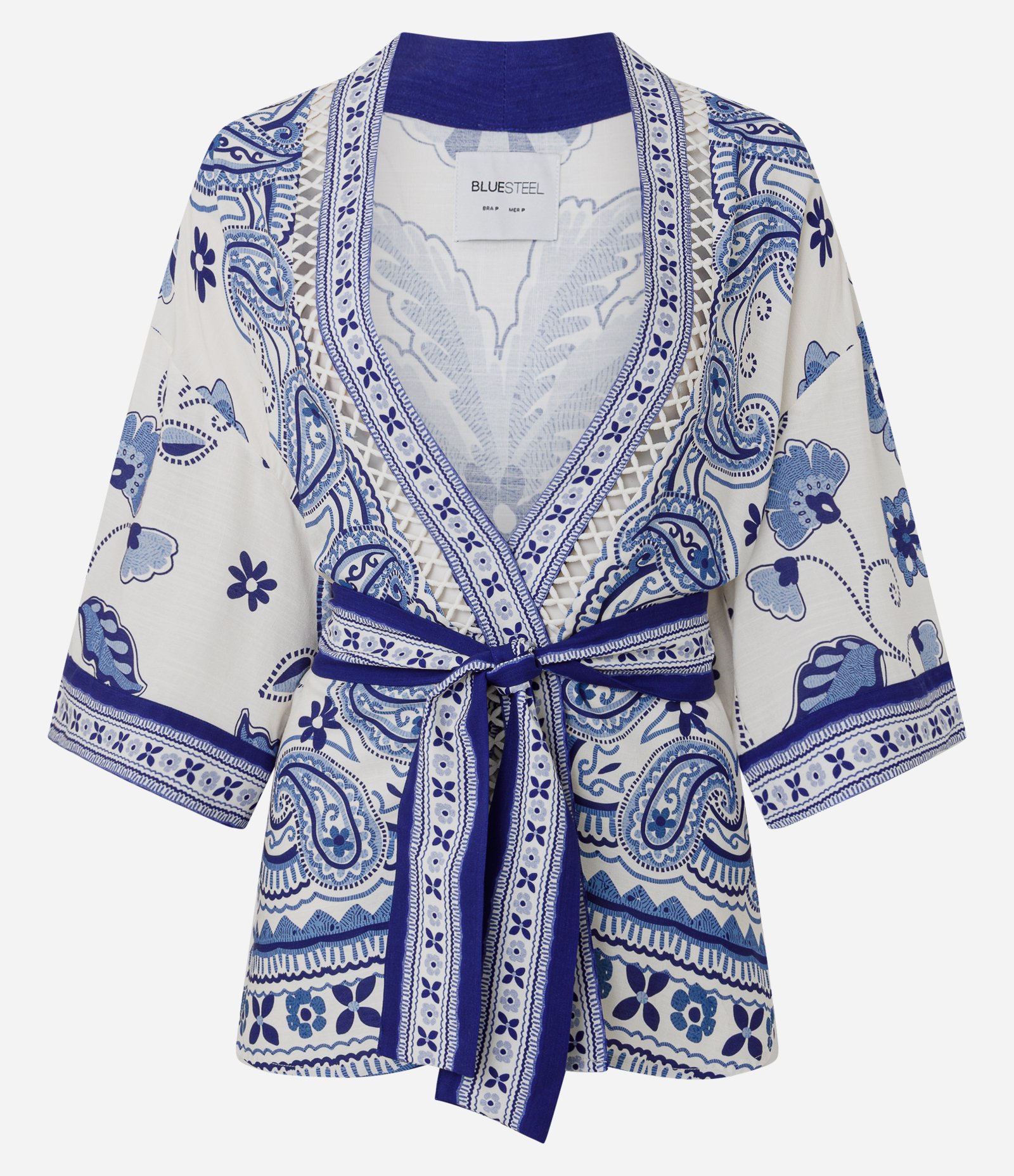 Kimono Alongado em Viscose com Estampa de Azulejos Azul 6