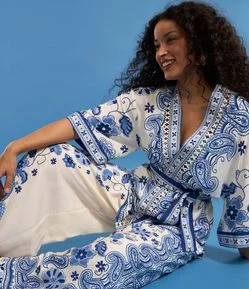 Kimono Alongado em Viscose com Estampa de Azulejos