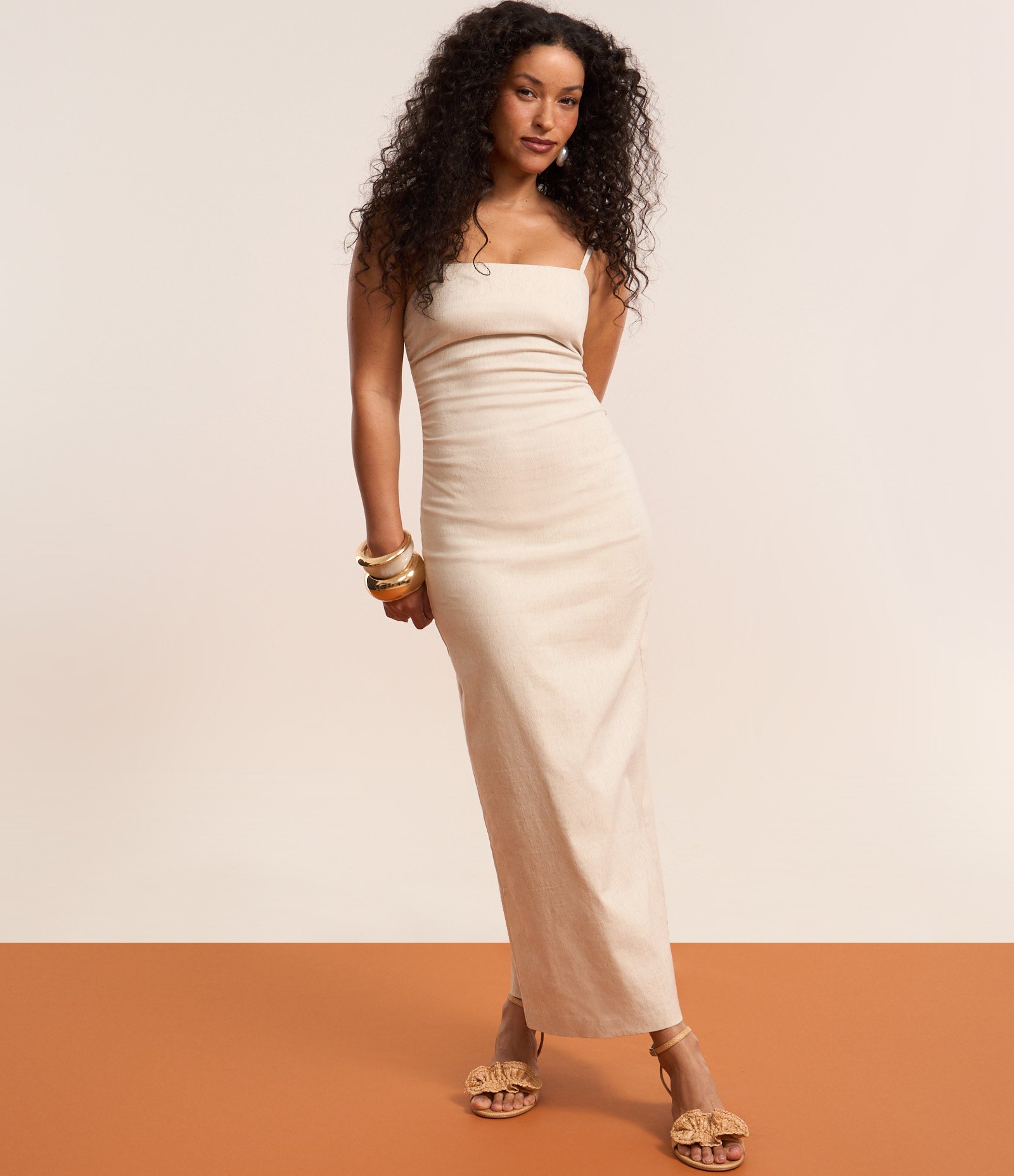 Vestido Long Midi em Viscolinho com Drapeado na Cintura Off White 5