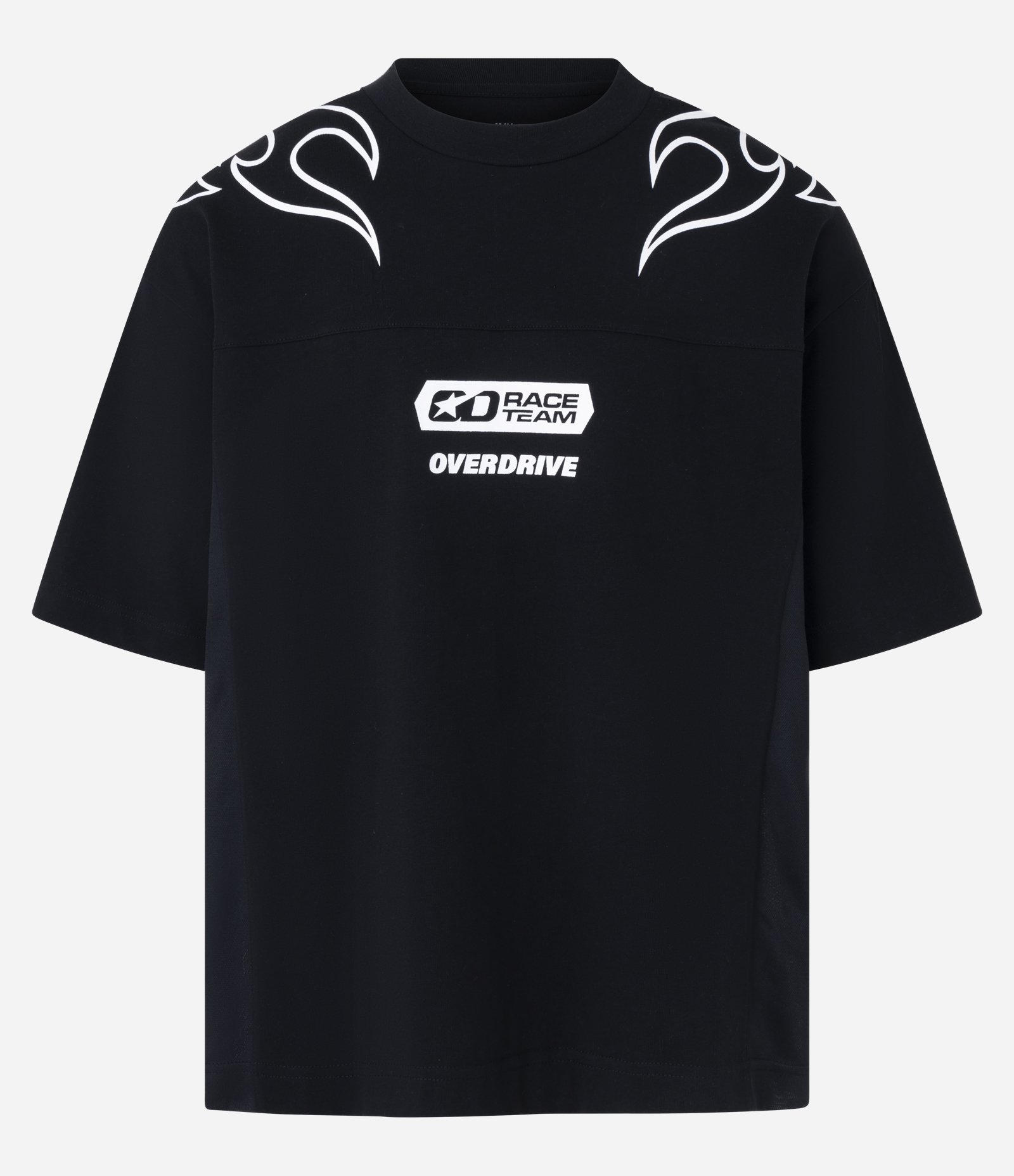 Camiseta Oversized em Malhão com Estampa Lettering e Tribal de Chamas Preto 1