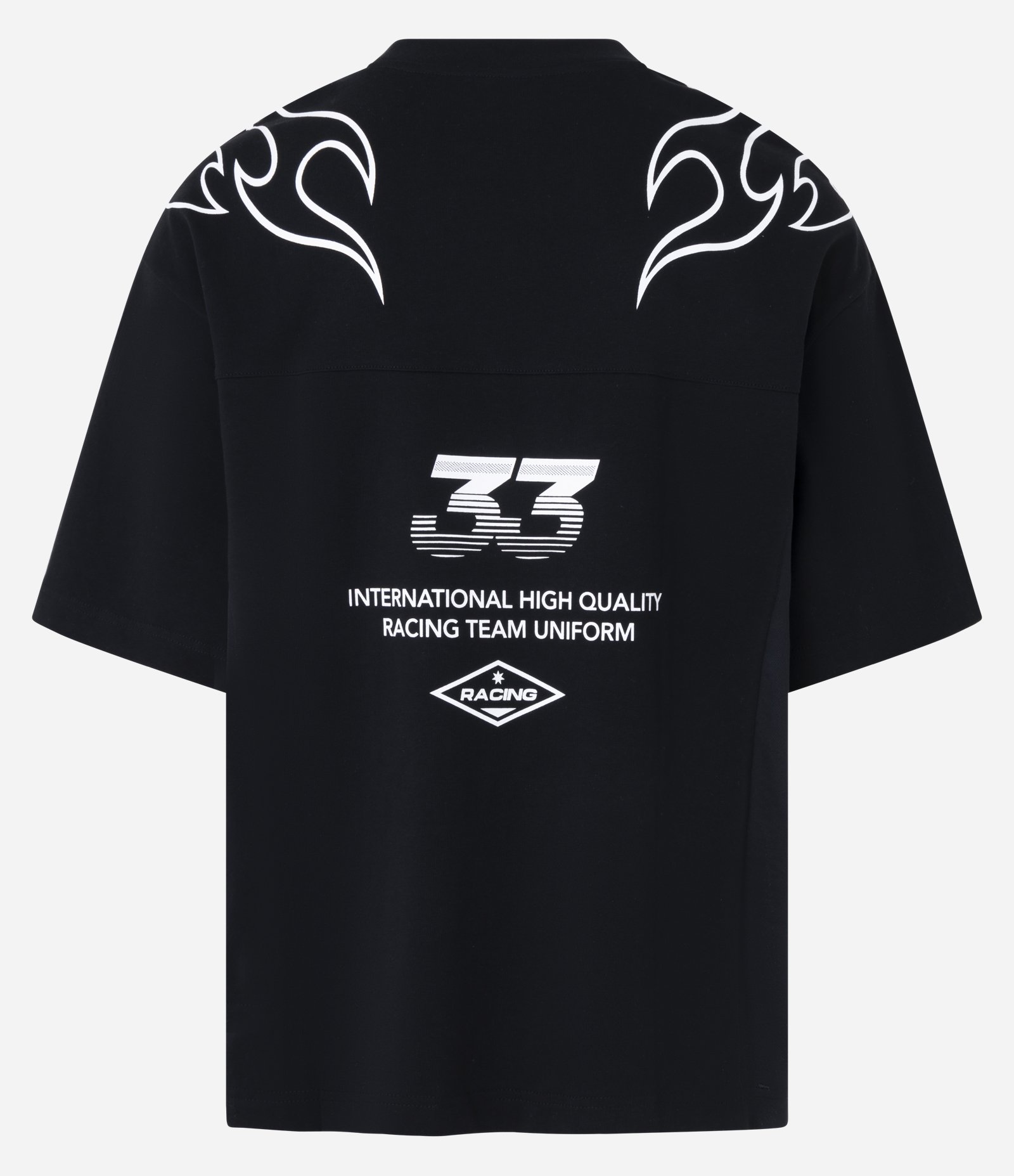 Camiseta Oversized em Malhão com Estampa Lettering e Tribal de Chamas Preto 2