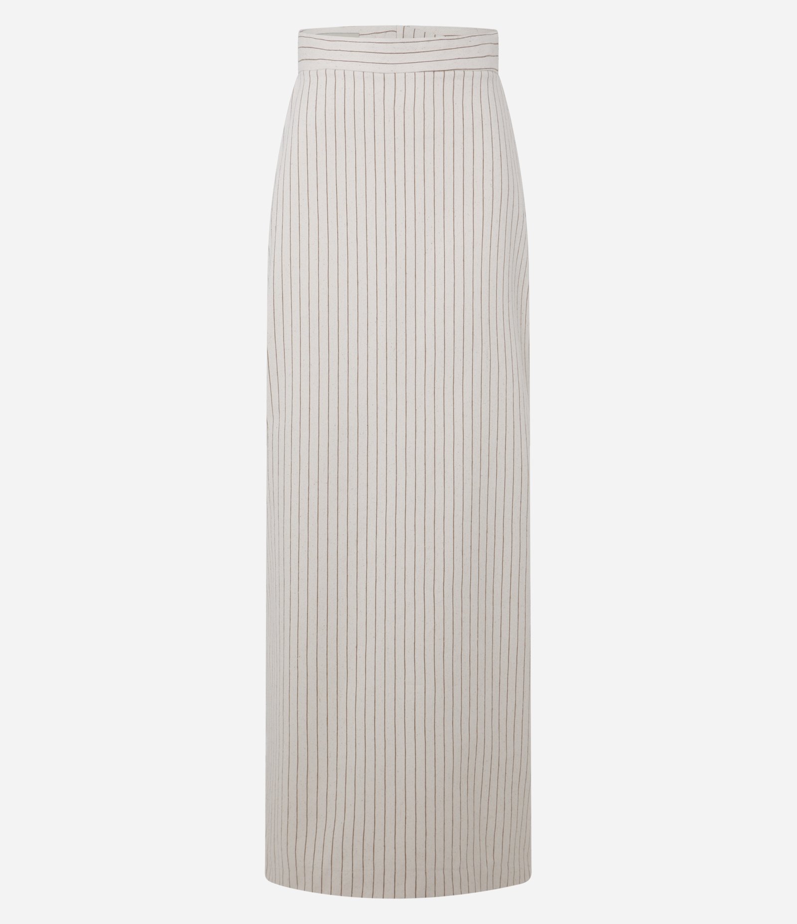 Saia Cintura Alta Longa Listrada em Algodão com Fenda Bege 7