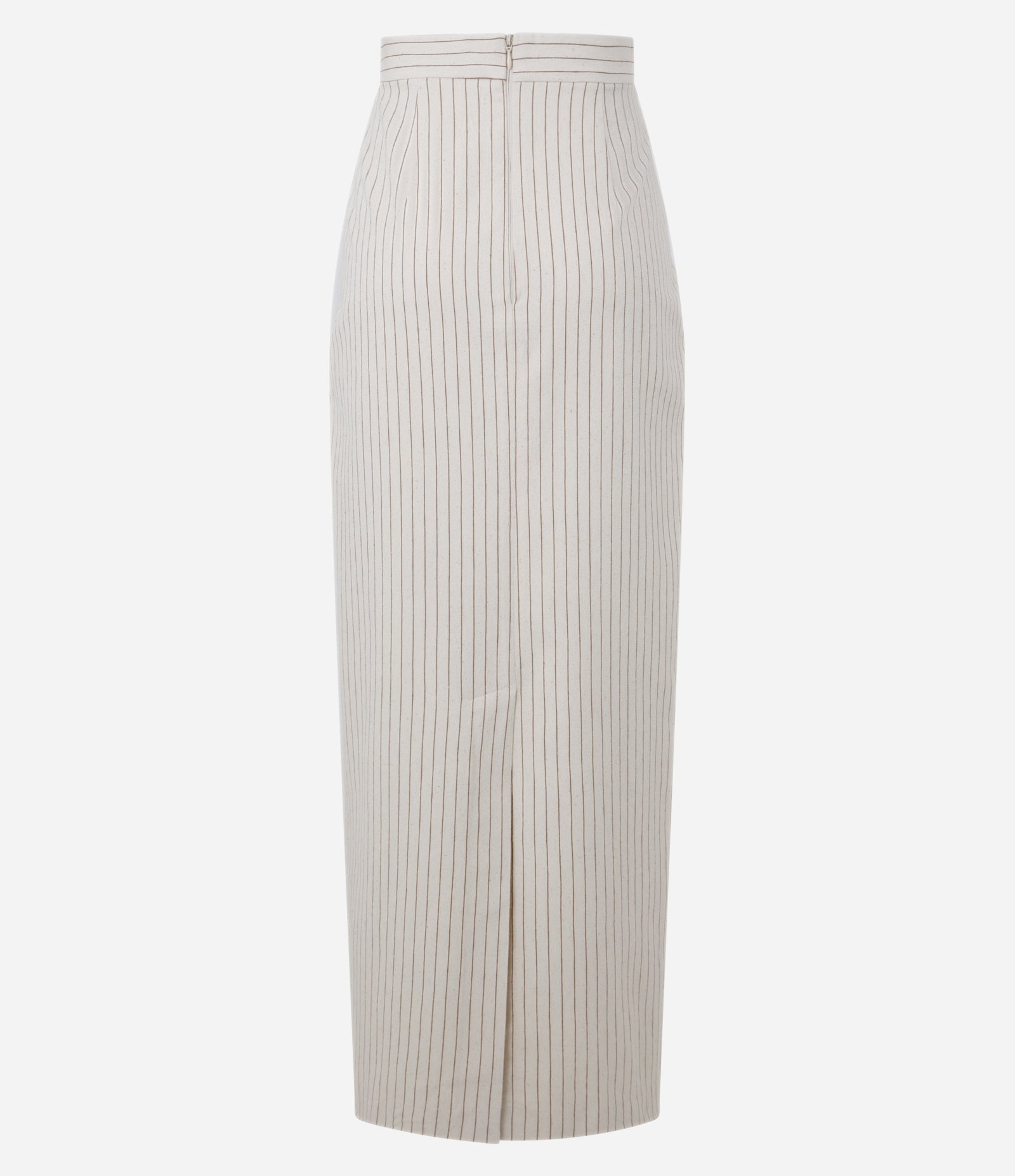Saia Cintura Alta Longa Listrada em Algodão com Fenda Bege 8