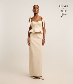 Saia Cintura Alta Longa Listrada em Algodão com Fenda