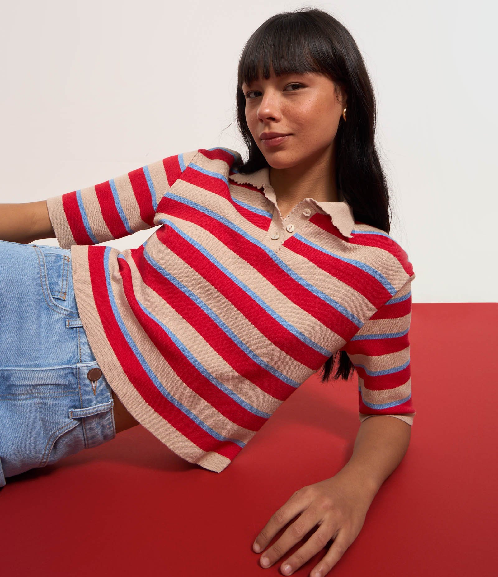 Blusa em Tricô Listrado e Acabamento Ondinha Vermelho 6