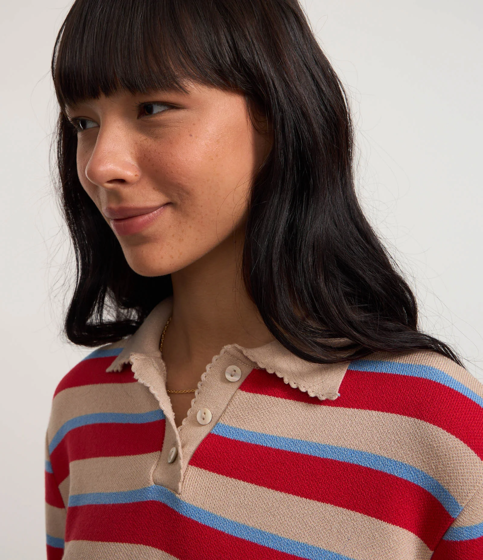 Blusa em Tricô Listrado e Acabamento Ondinha Vermelho 1