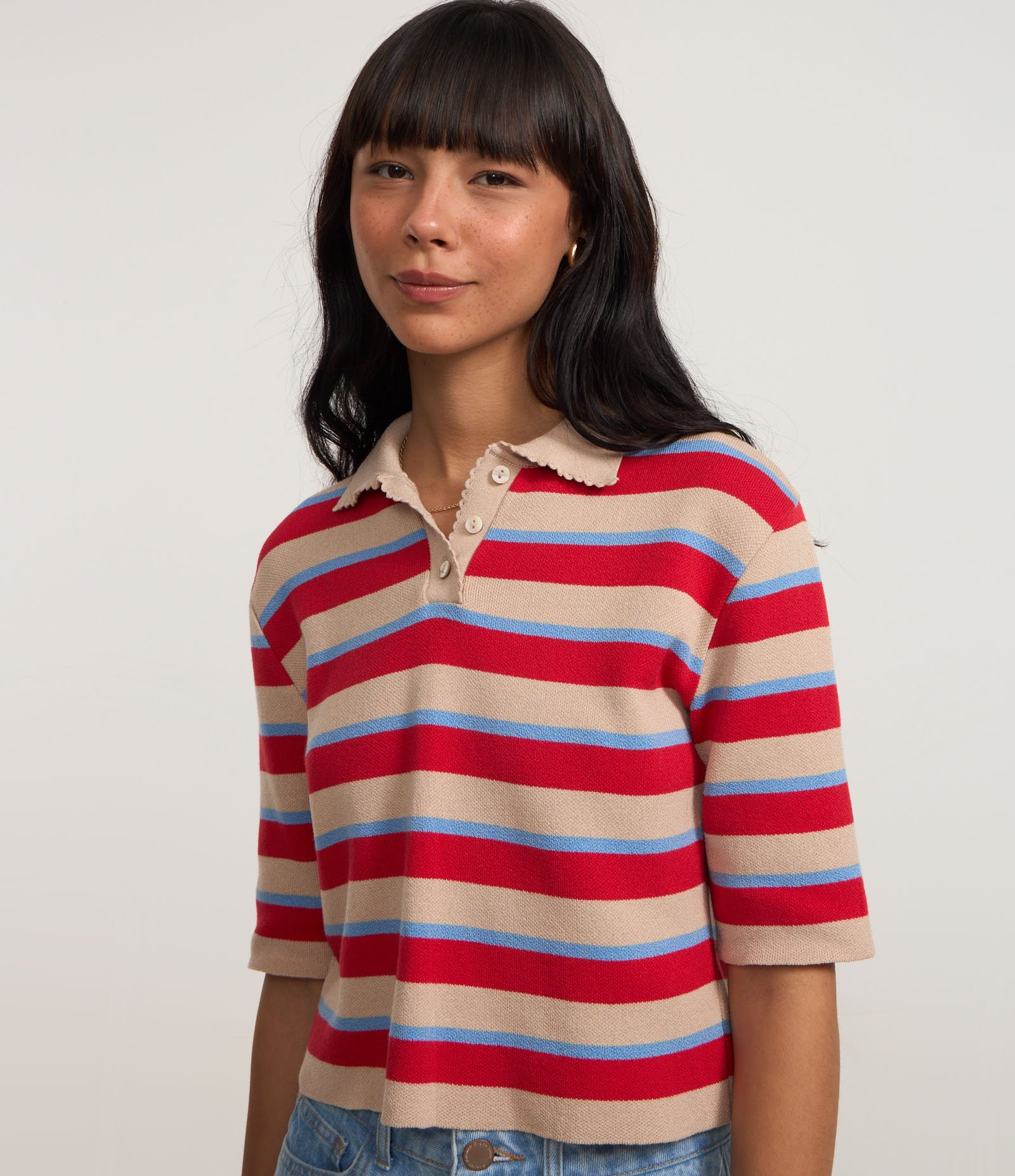 Blusa em Tricô Listrado e Acabamento Ondinha Vermelho 3