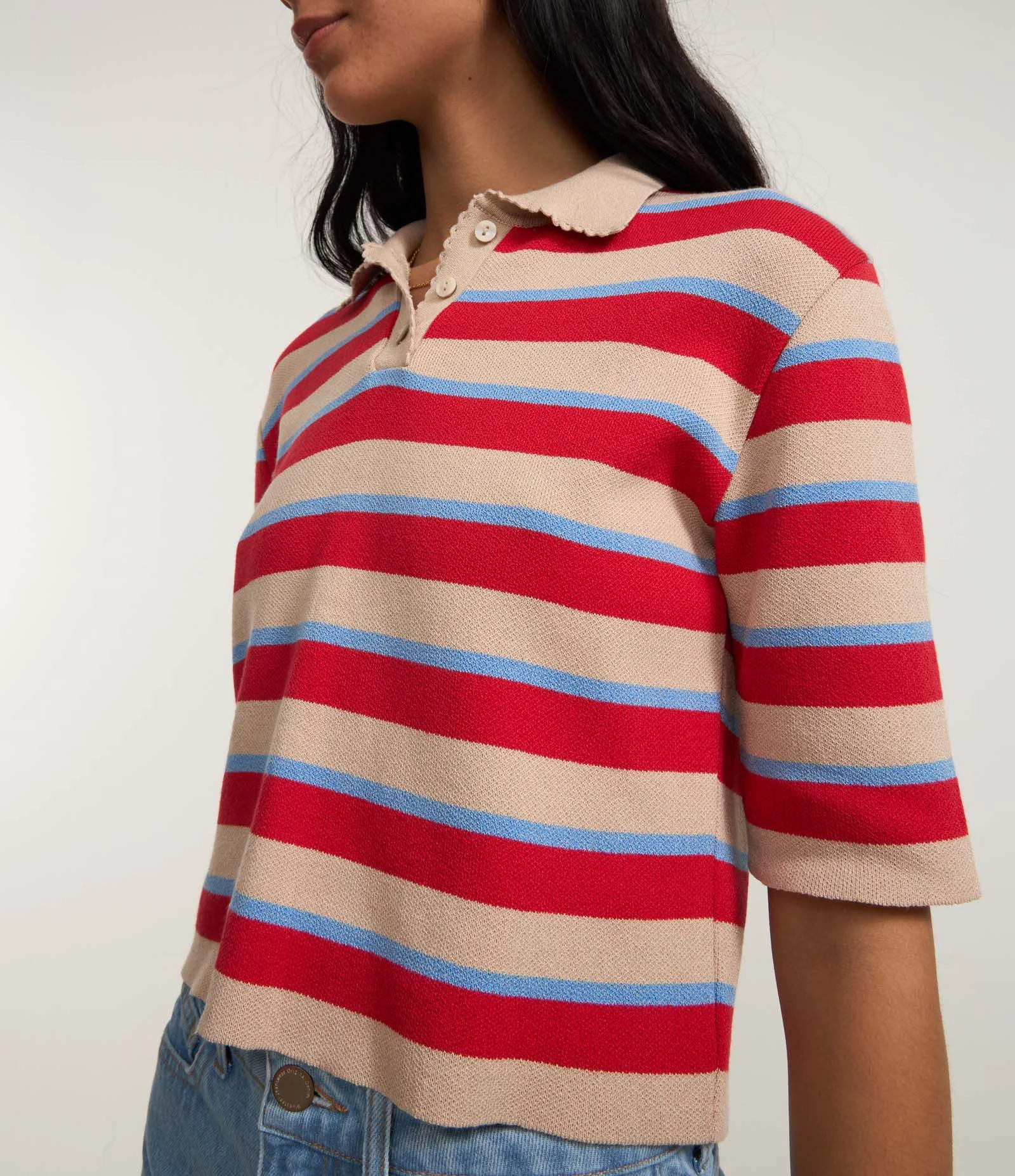 Blusa em Tricô Listrado e Acabamento Ondinha Vermelho 4