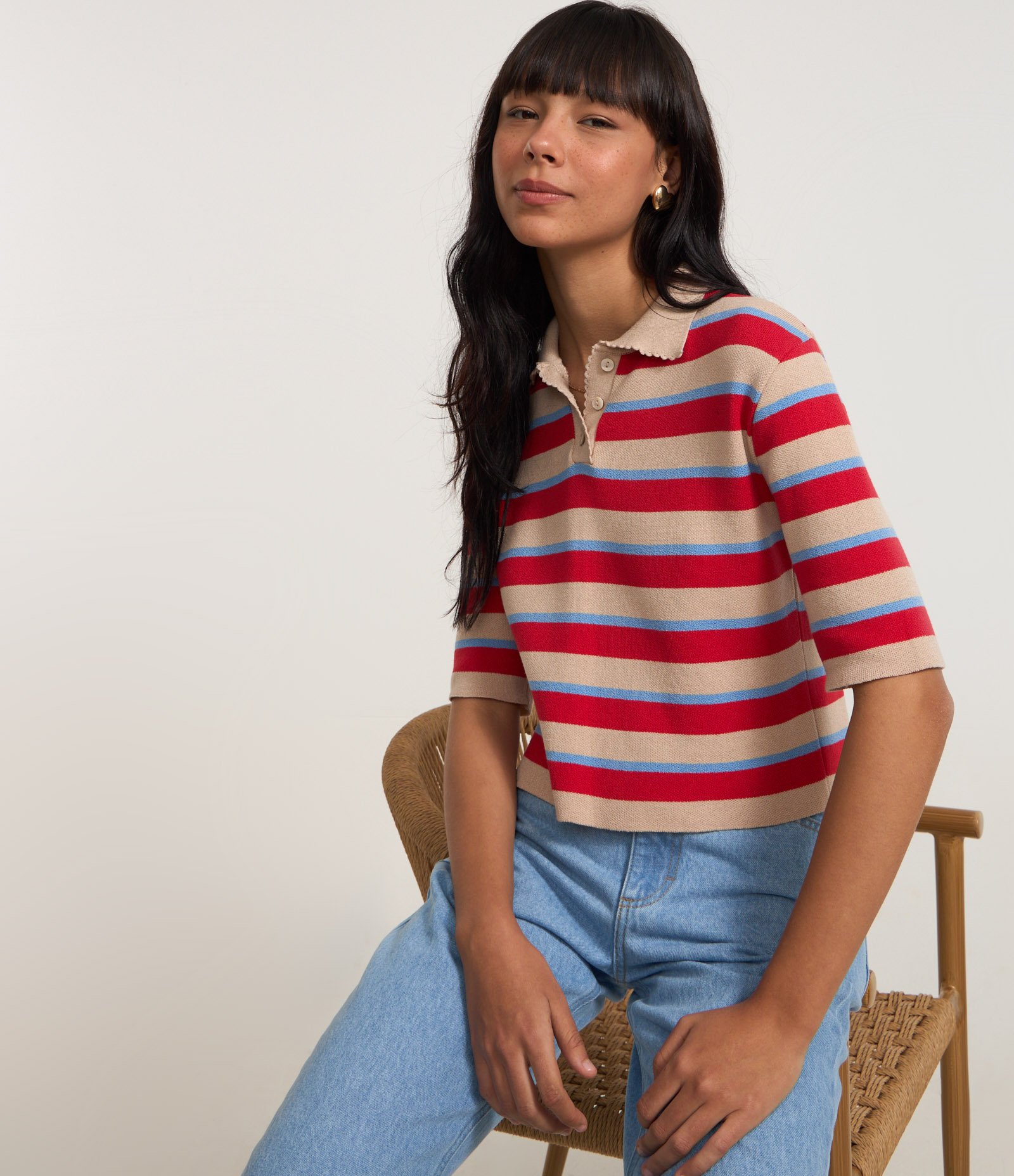 Blusa em Tricô Listrado e Acabamento Ondinha Vermelho 5