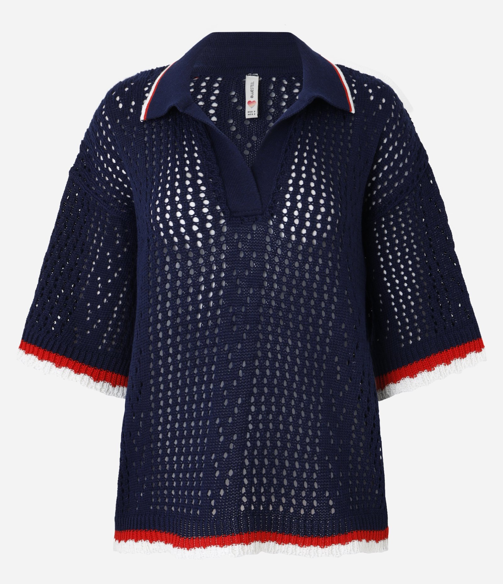 Blusa em Tricô com Ponto Aberto e Listra Contrastante Azul Escuro 5