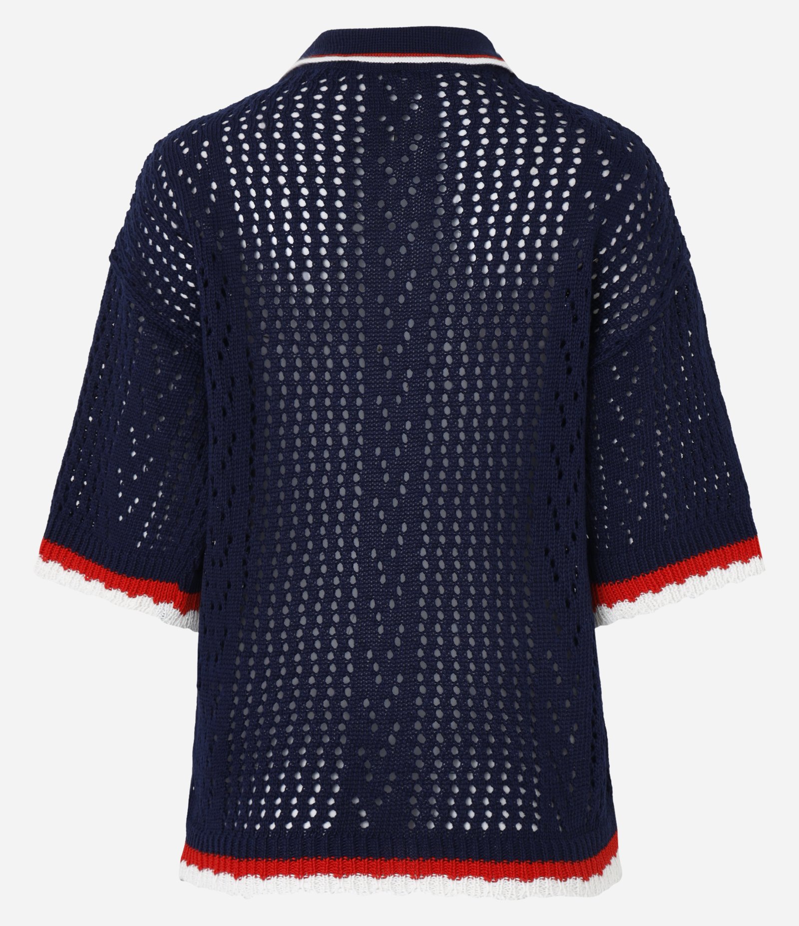 Blusa em Tricô com Ponto Aberto e Listra Contrastante Azul Escuro 7