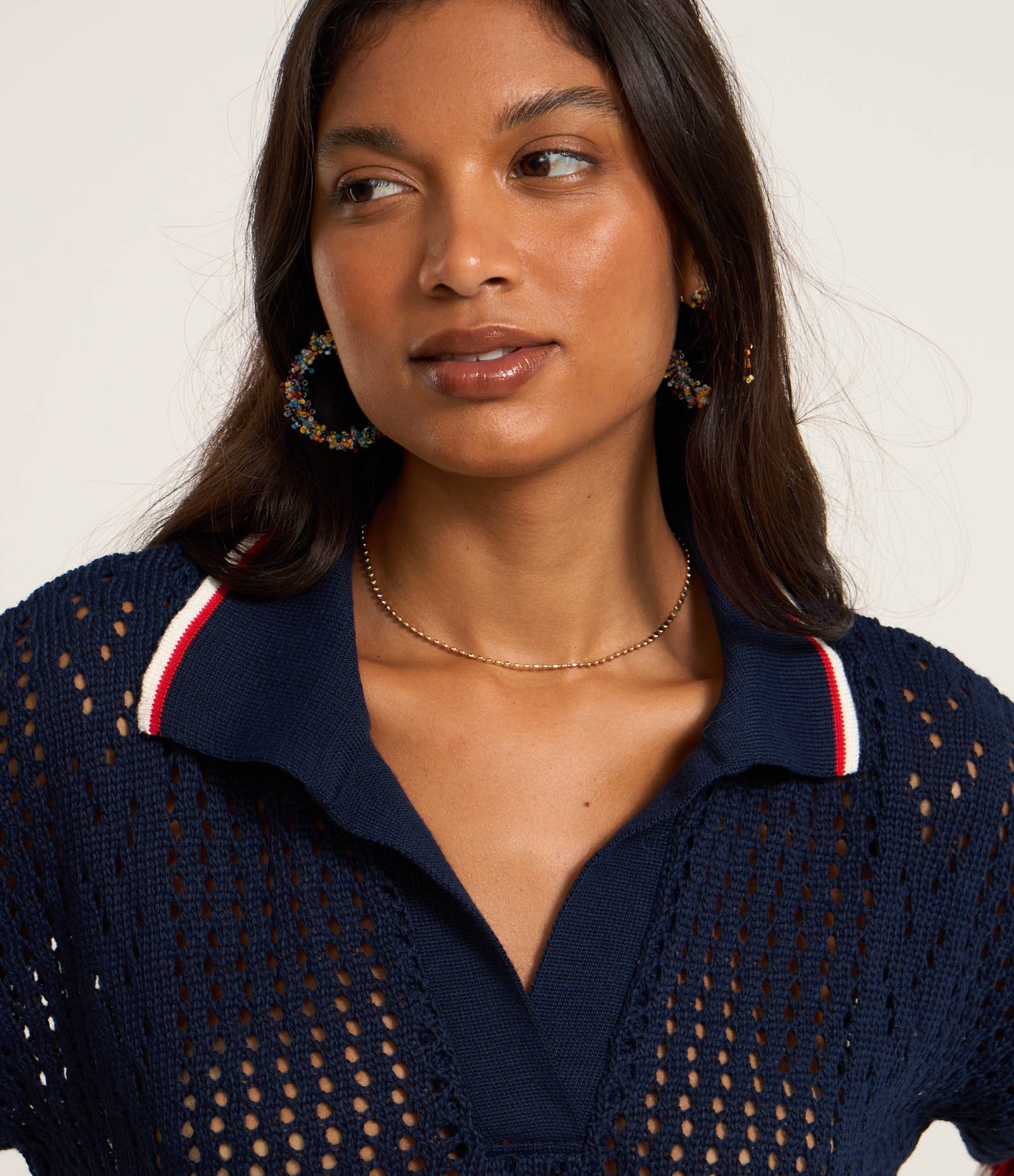 Blusa em Tricô com Ponto Aberto e Listra Contrastante Azul Escuro 3