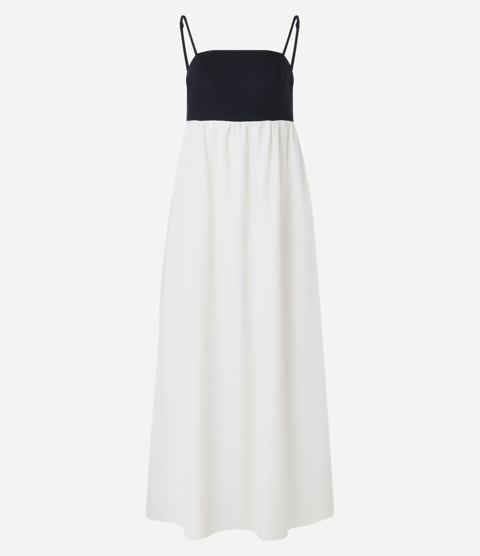 Vestido Hi-Lo Bicolor Evasê Midi em Viscolinho com Alça Fina Preto/Branco 7