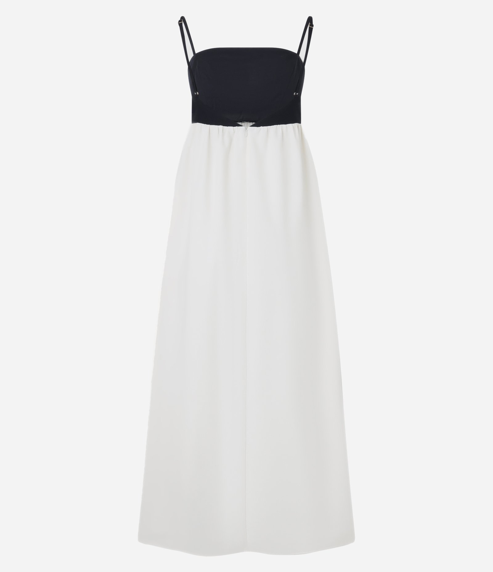 Vestido Hi-Lo Bicolor Evasê Midi em Viscolinho com Alça Fina Preto/Branco 8
