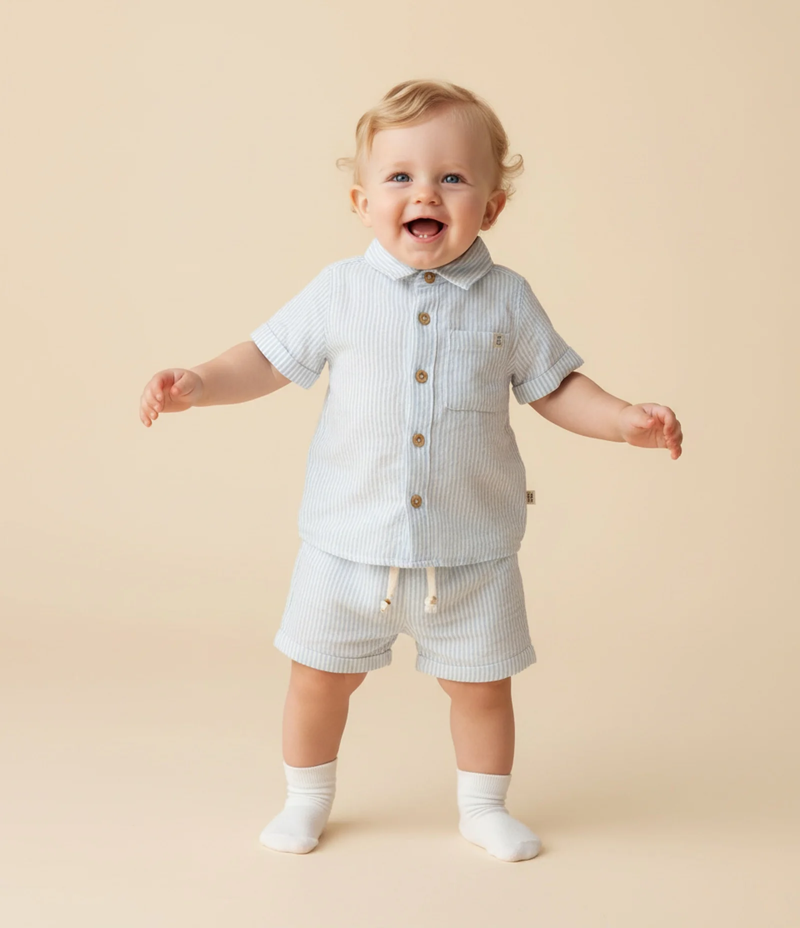 Conjunto Infantil em Tricoline com Estampa de Listras - Tam 0 a 18 Meses Cinza 1