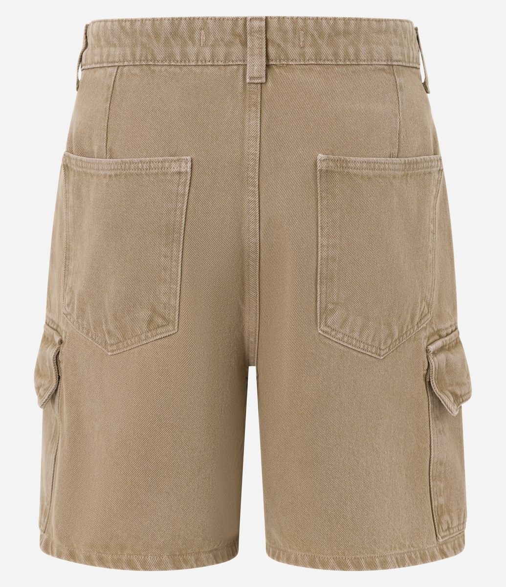 Bermuda Baggy Cropped em Sarja com Bolso Cargo Bege
