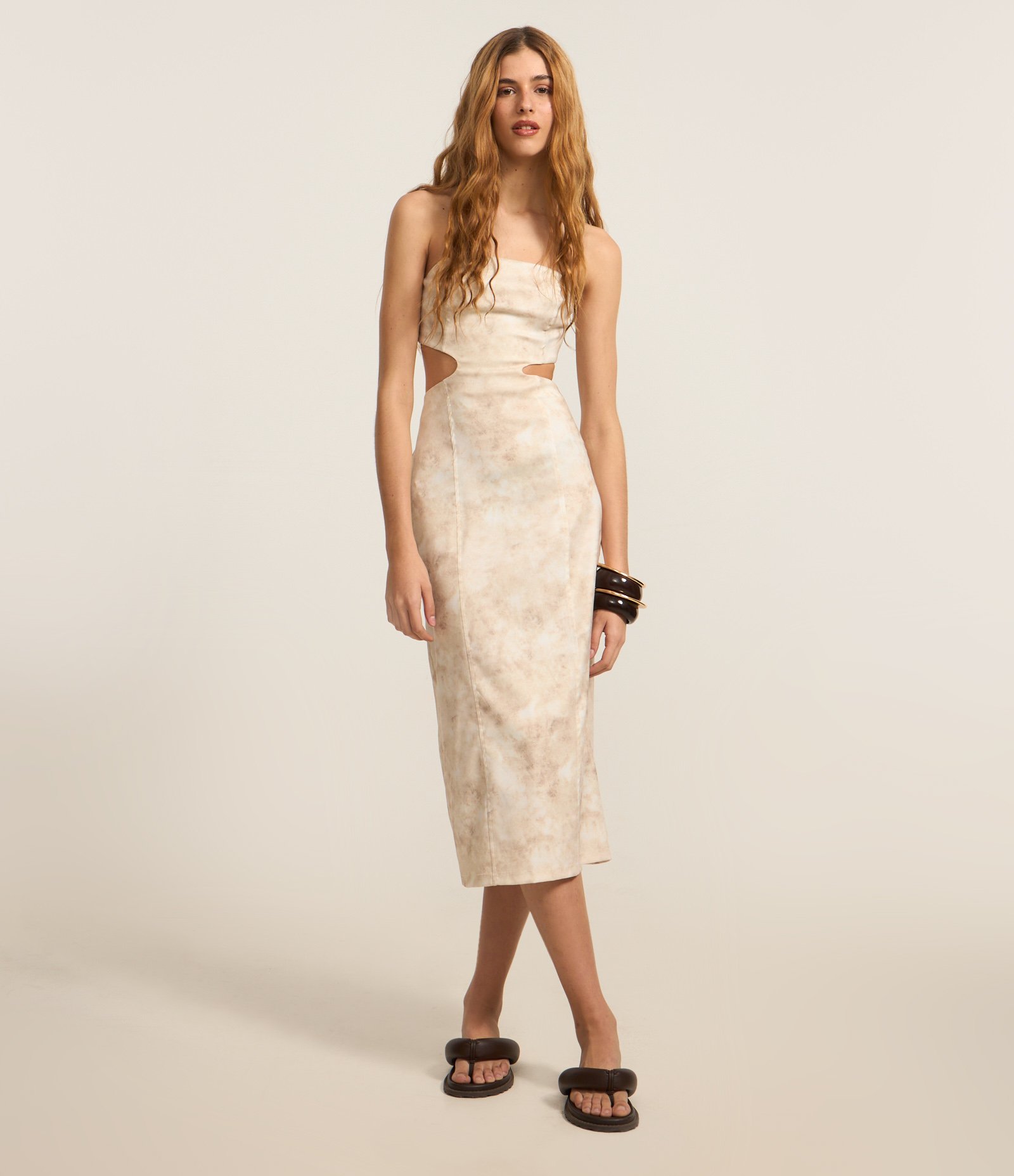 Vestido New Midi Sem Alça com Estampa Manchada Bege 1
