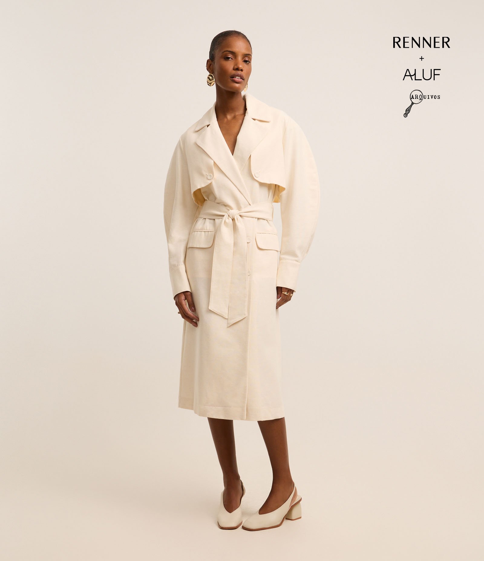 Trench Coat em Sarja Leve com Faixa Amarração e Lapelas Bege 1