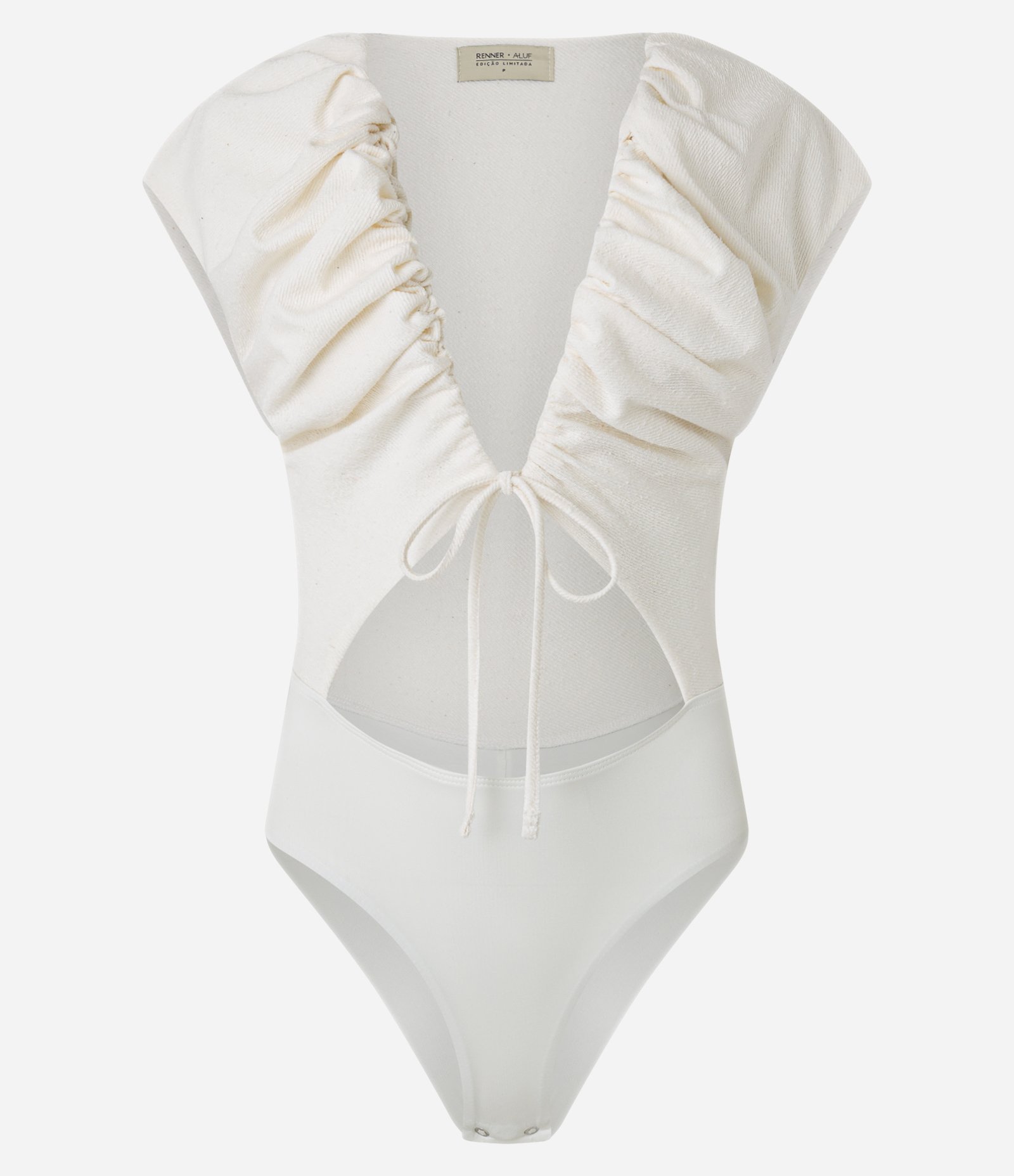 Body com Franzido Decote Profundo e Vazado Bege 7